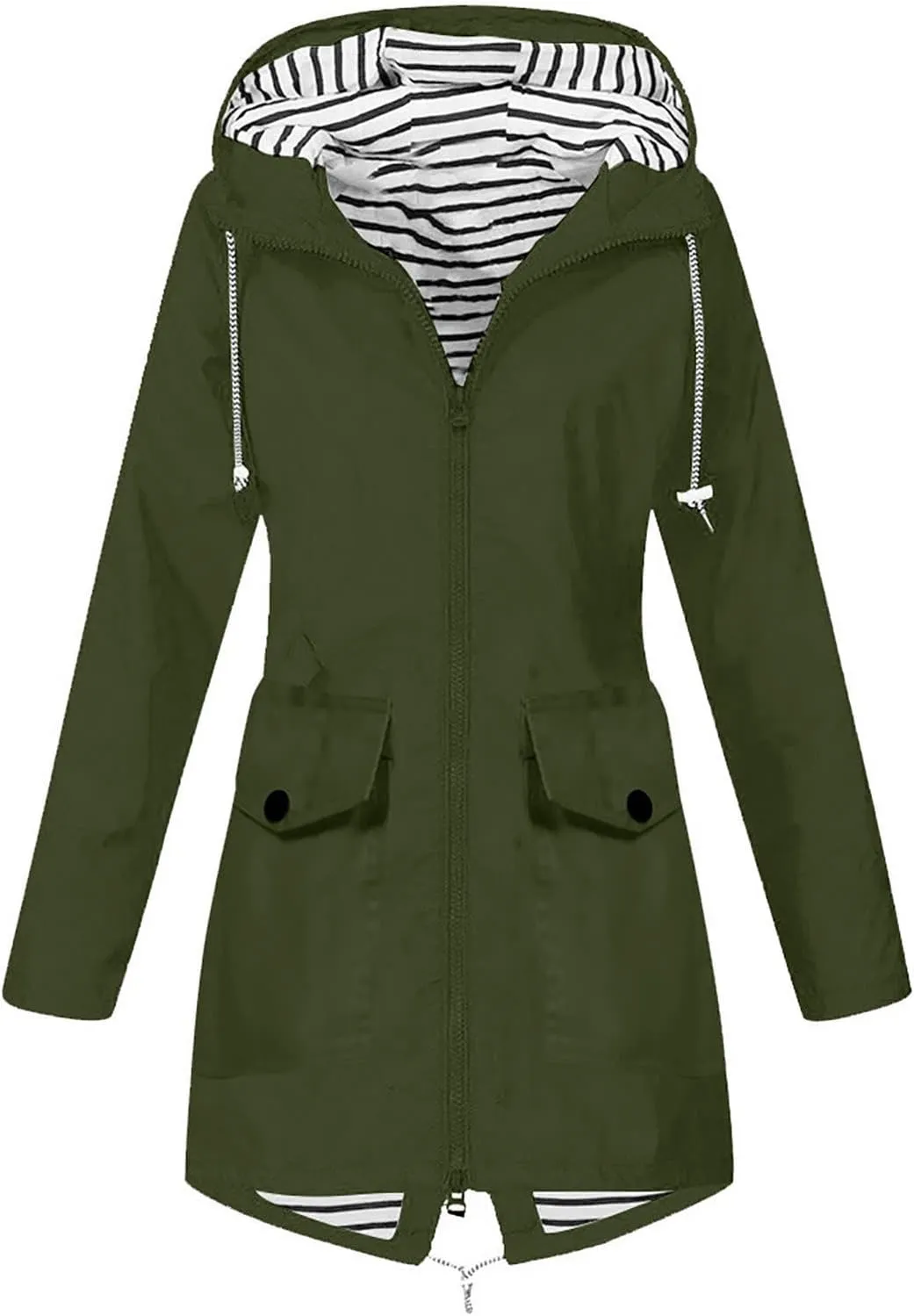 Rain Coat Womens Waterproof With Hood Trendy Zip Mid Length Outdoor Rain Jacket Fall Winter Solid Color Ski Jacket