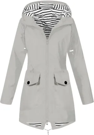 Rain Coat Womens Waterproof With Hood Trendy Zip Mid Length Outdoor Rain Jacket Fall Winter Solid Color Ski Jacket