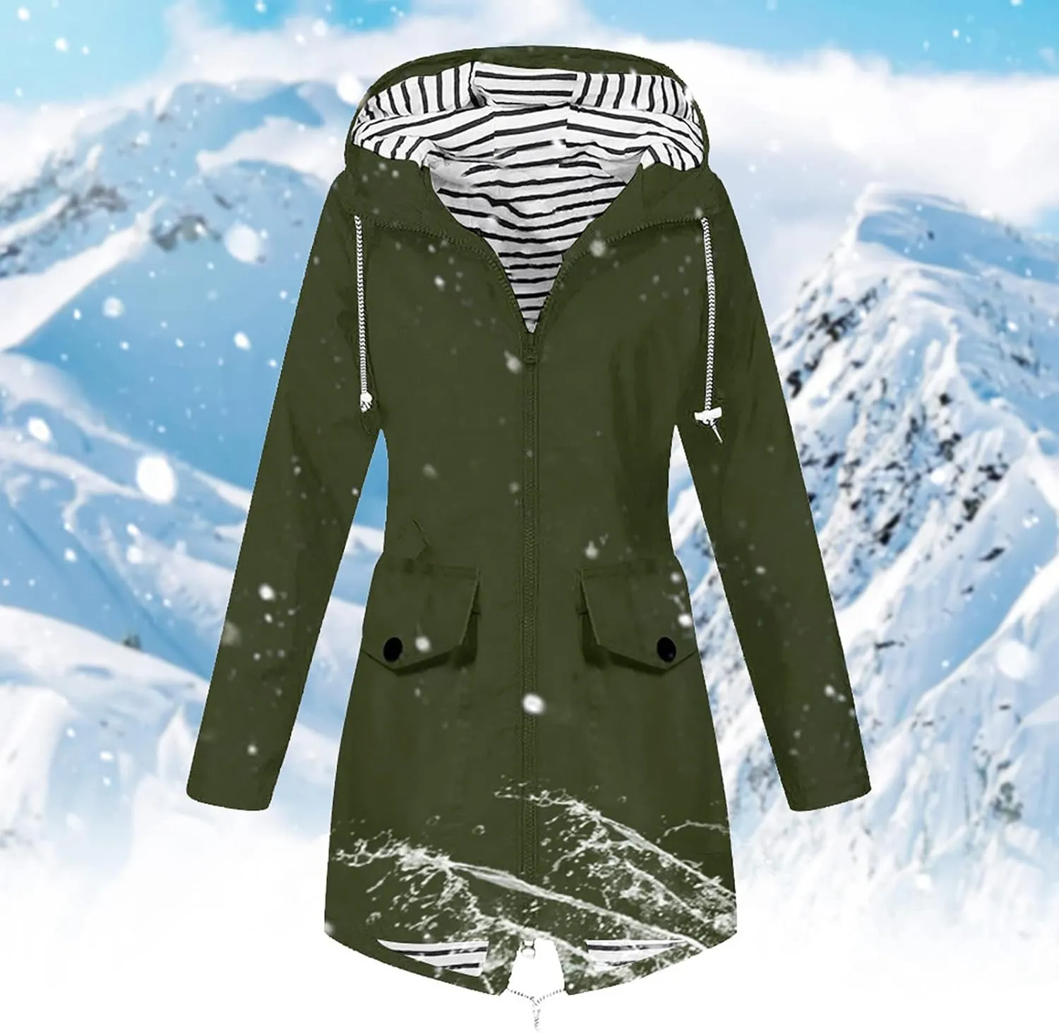 Rain Coat Womens Waterproof With Hood Trendy Zip Mid Length Outdoor Rain Jacket Fall Winter Solid Color Ski Jacket