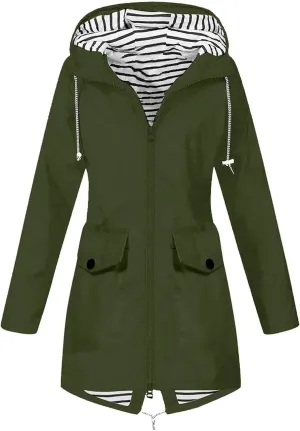 Rain Coat Womens Waterproof With Hood Trendy Zip Mid Length Outdoor Rain Jacket Fall Winter Solid Color Ski Jacket
