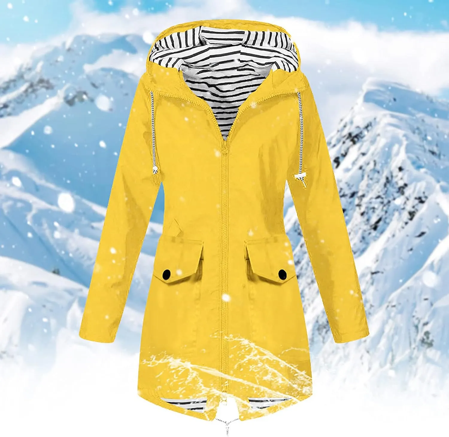 Rain Coat Womens Waterproof With Hood Trendy Zip Mid Length Outdoor Rain Jacket Fall Winter Solid Color Ski Jacket