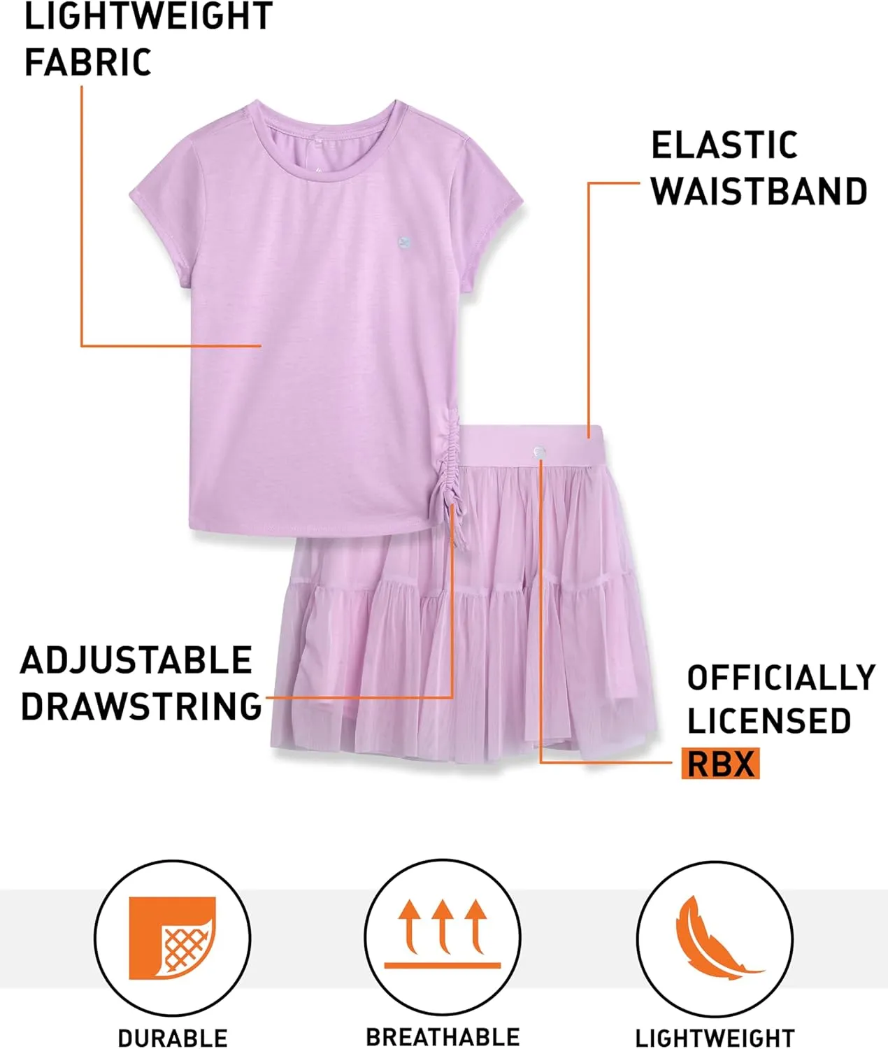 RBX Girls' Active Skirt Set - 2 Piece Ruffle Mesh Skort and Jersey Top with Cinched Side and Drawstrings (Sizes: 4-16)