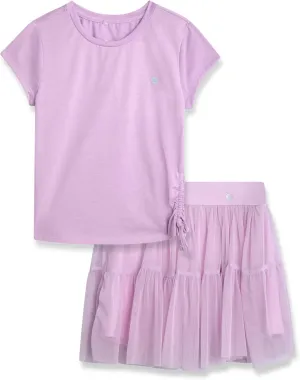 RBX Girls' Active Skirt Set - 2 Piece Ruffle Mesh Skort and Jersey Top with Cinched Side and Drawstrings (Sizes: 4-16)