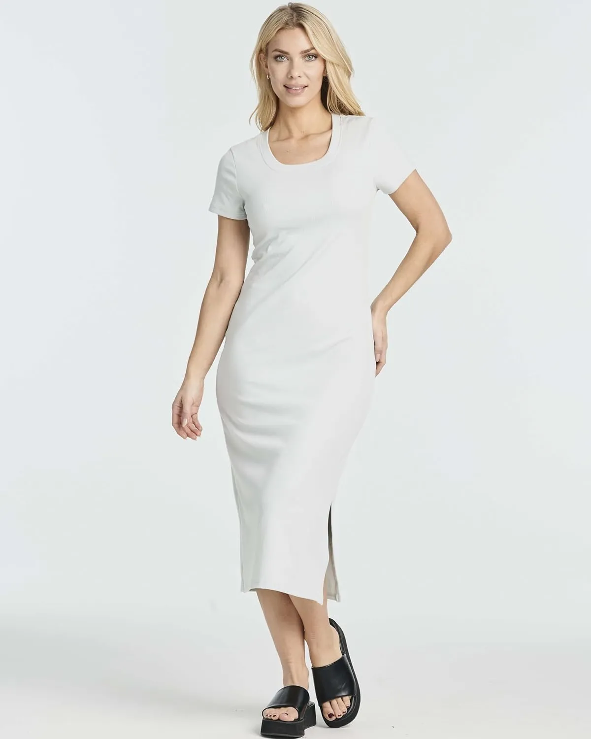 Real Essentials 3 Pack: Women's Ribbed Jersey Crew Neck Short Sleeve Midi Length Dress with Side Slit