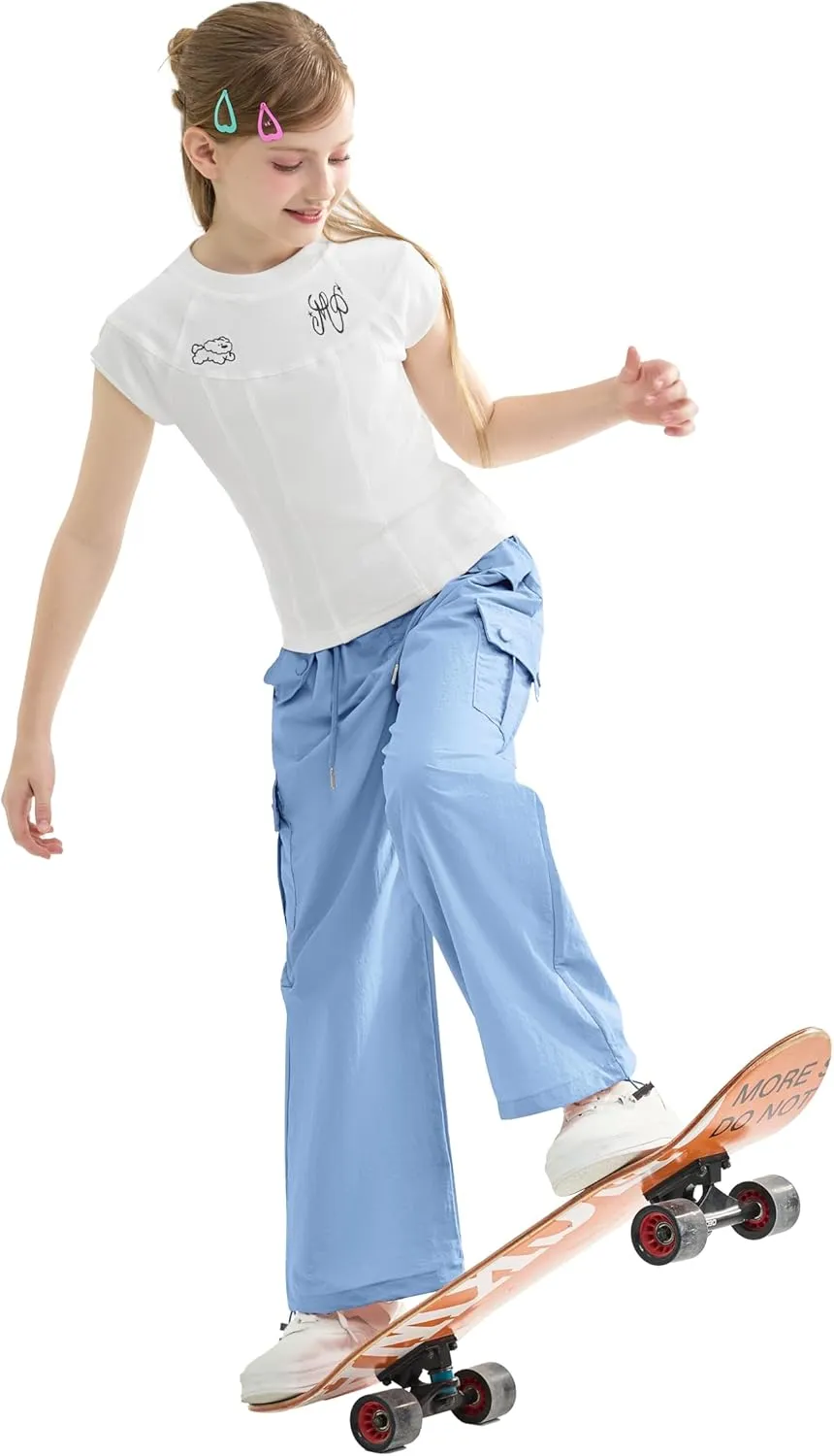 Rolanko Parachute Pants for Girls Y2K Cargo Trousers with Pockets Harajuku Jogger Pants Kids 4-14 Years