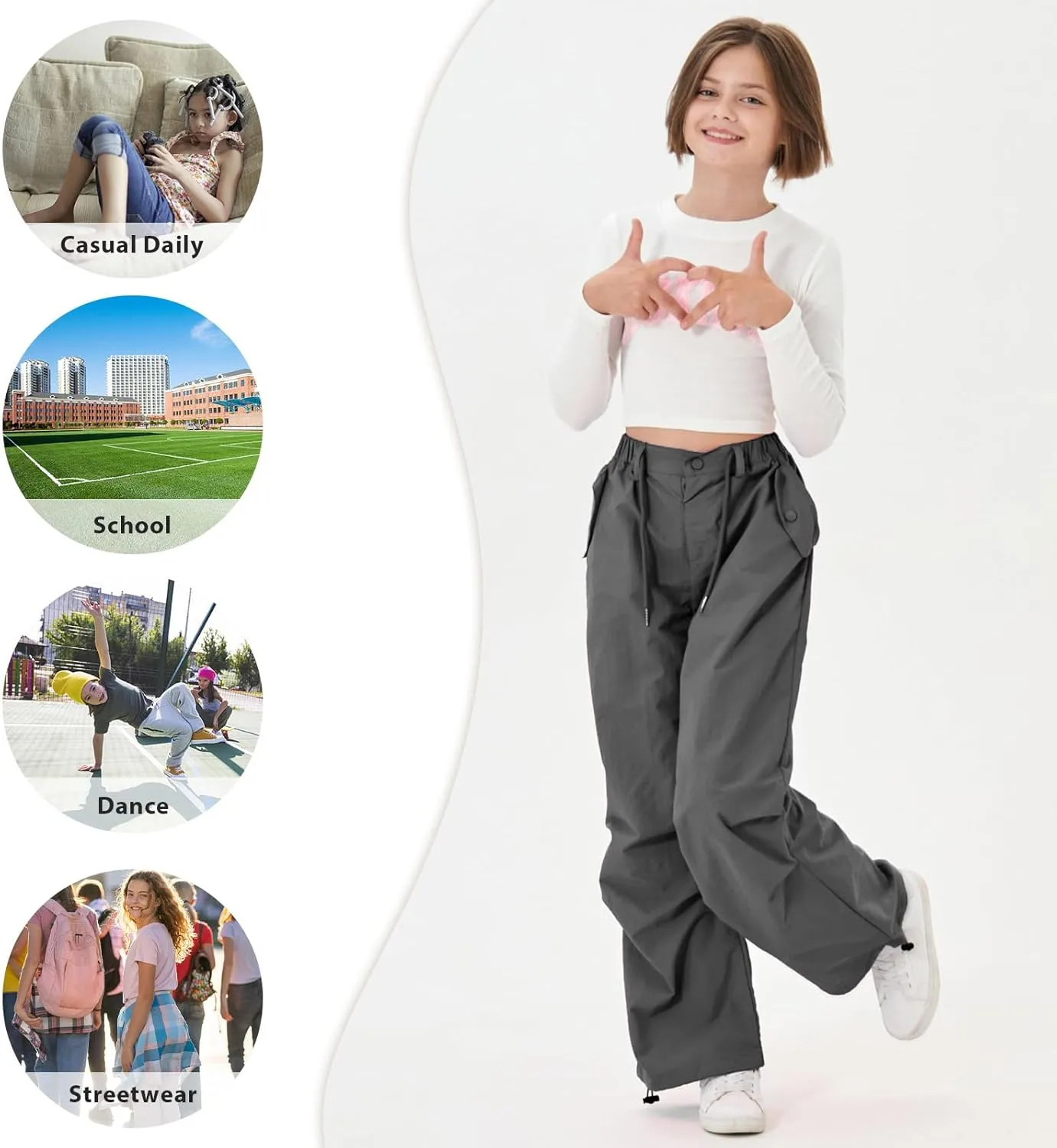 Rolanko Parachute Pants for Girls Y2K Cargo Trousers with Pockets Harajuku Jogger Pants Kids 4-14 Years