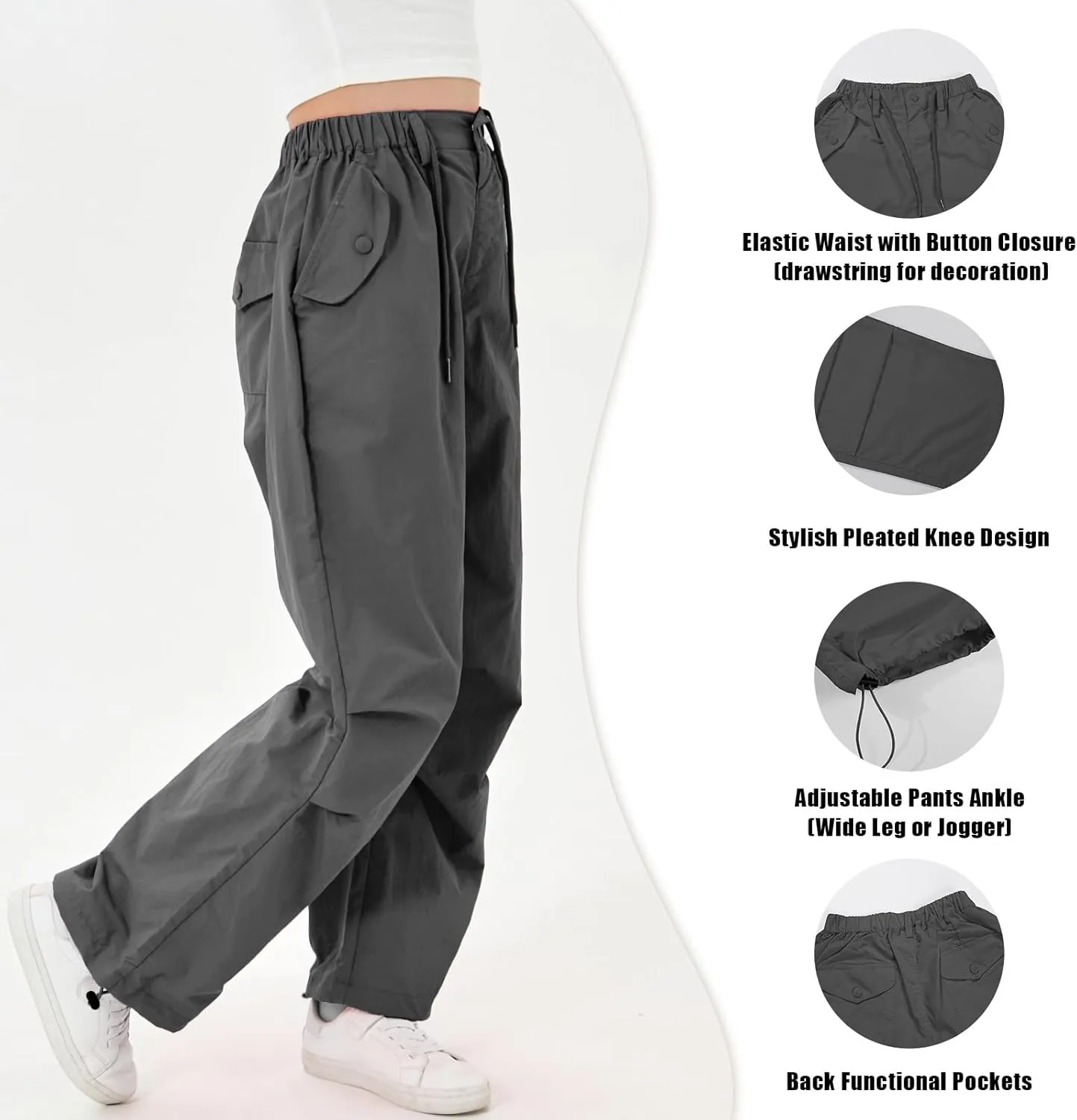 Rolanko Parachute Pants for Girls Y2K Cargo Trousers with Pockets Harajuku Jogger Pants Kids 4-14 Years