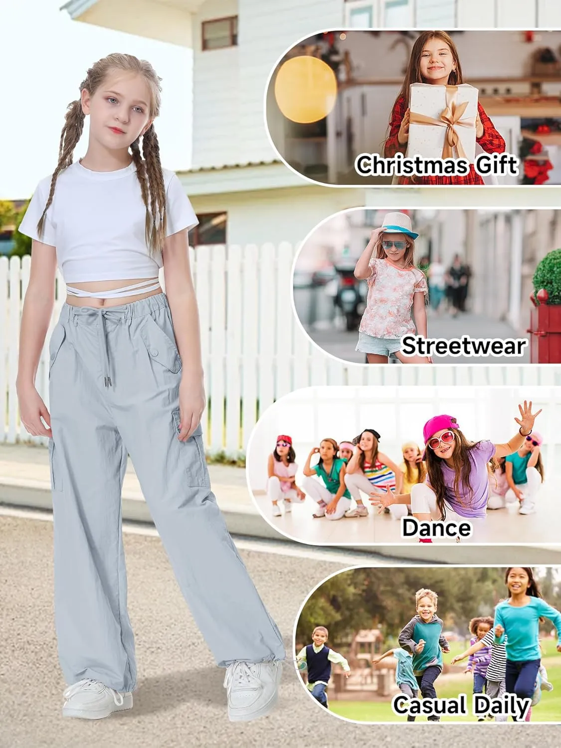 Rolanko Parachute Pants for Girls Y2K Cargo Trousers with Pockets Harajuku Jogger Pants Kids 4-14 Years