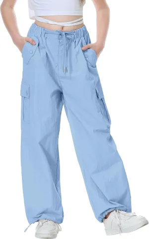 Rolanko Parachute Pants for Girls Y2K Cargo Trousers with Pockets Harajuku Jogger Pants Kids 4-14 Years