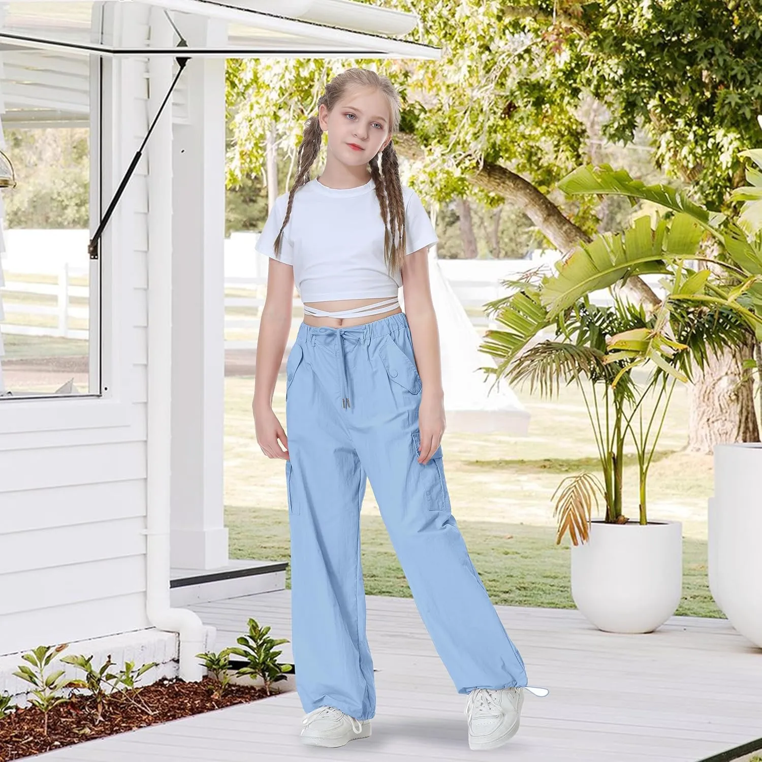 Rolanko Parachute Pants for Girls Y2K Cargo Trousers with Pockets Harajuku Jogger Pants Kids 4-14 Years