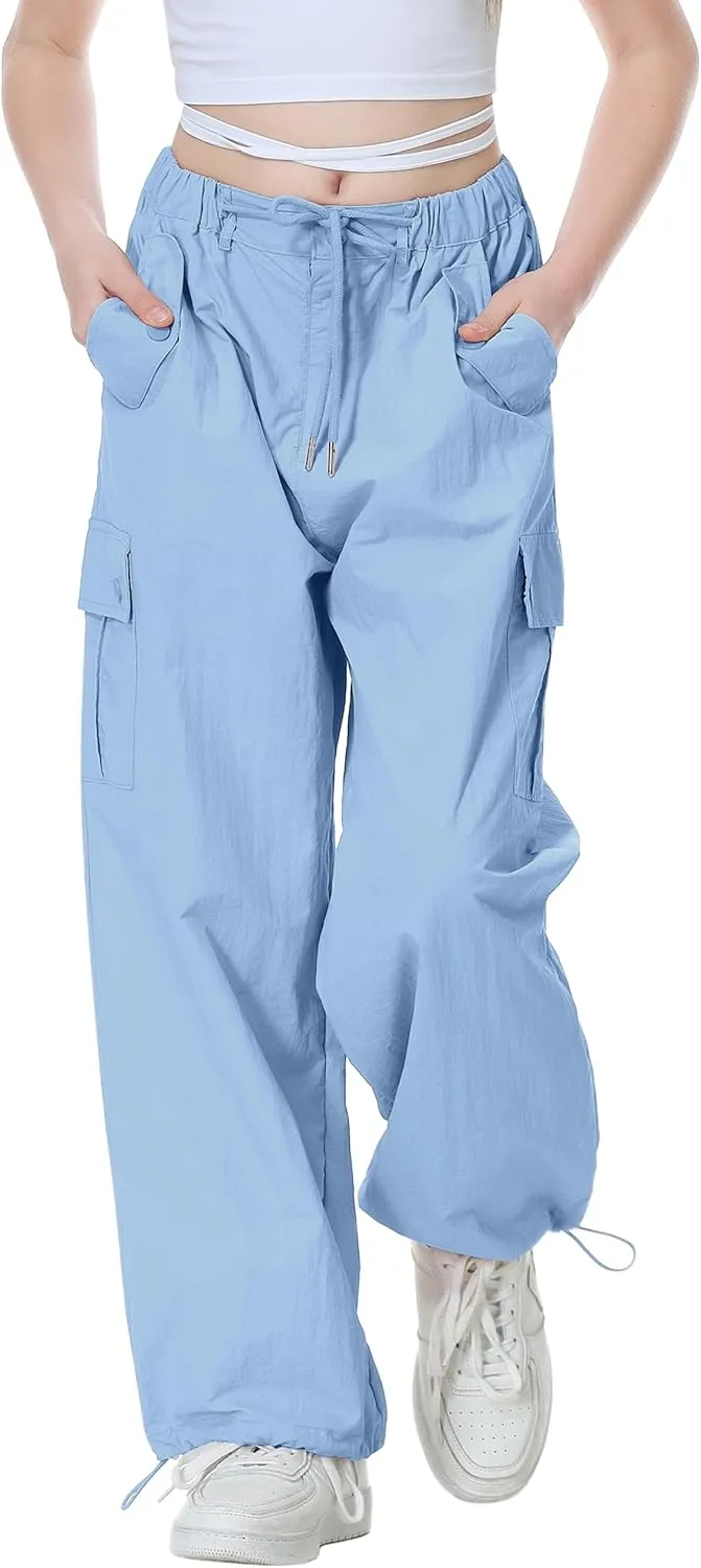 Rolanko Parachute Pants for Girls Y2K Cargo Trousers with Pockets Harajuku Jogger Pants Kids 4-14 Years
