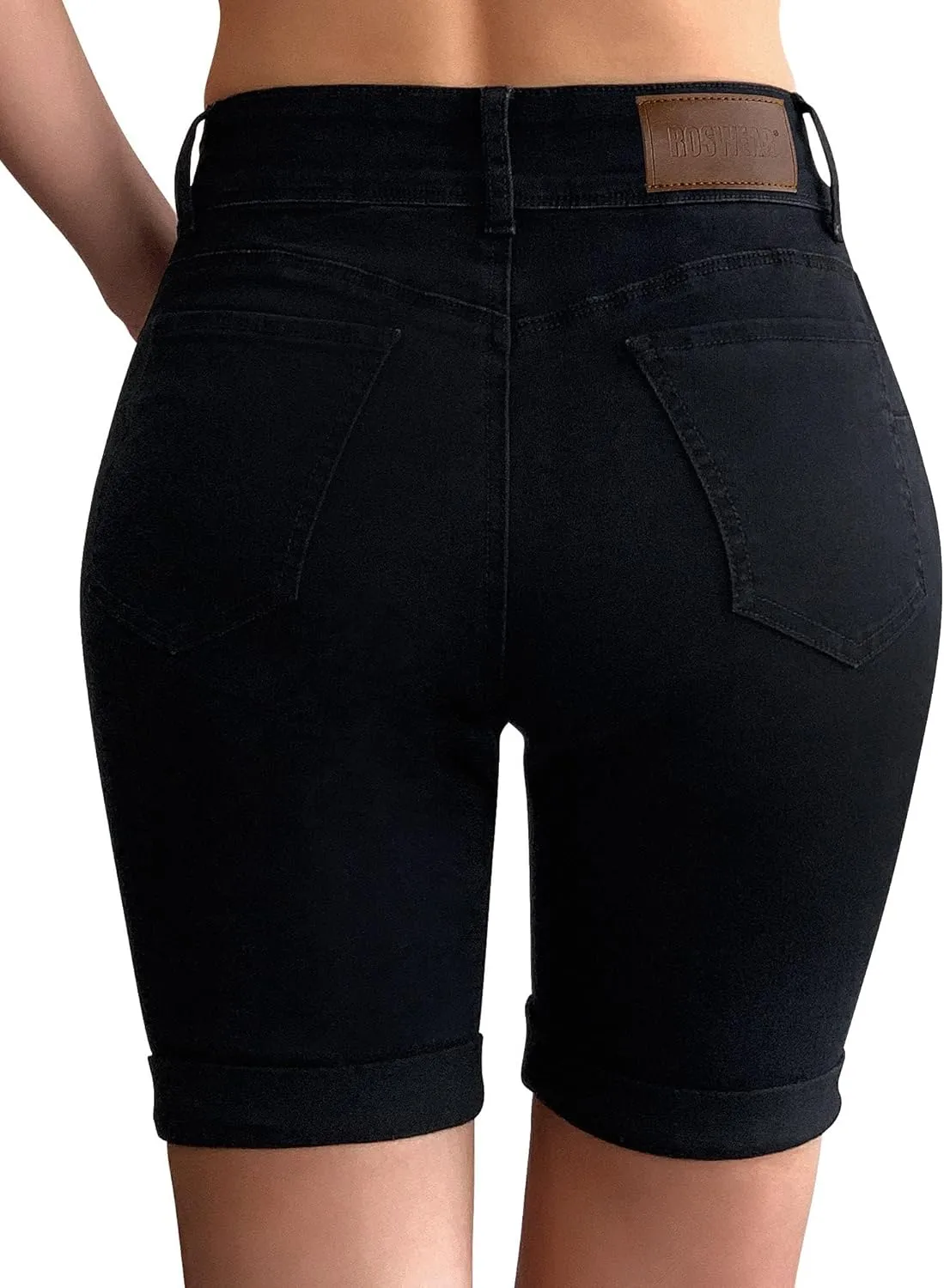 roswear Women's Mid Rise Skinny Butt Lifting Stretchy Bermuda Jeans Shorts