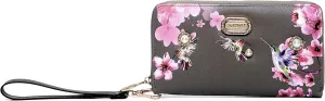 Royal Bloom Women's Zippered Wallet, Designer Wristlet with Floral Print and Crystal Embellishments (Pewter)