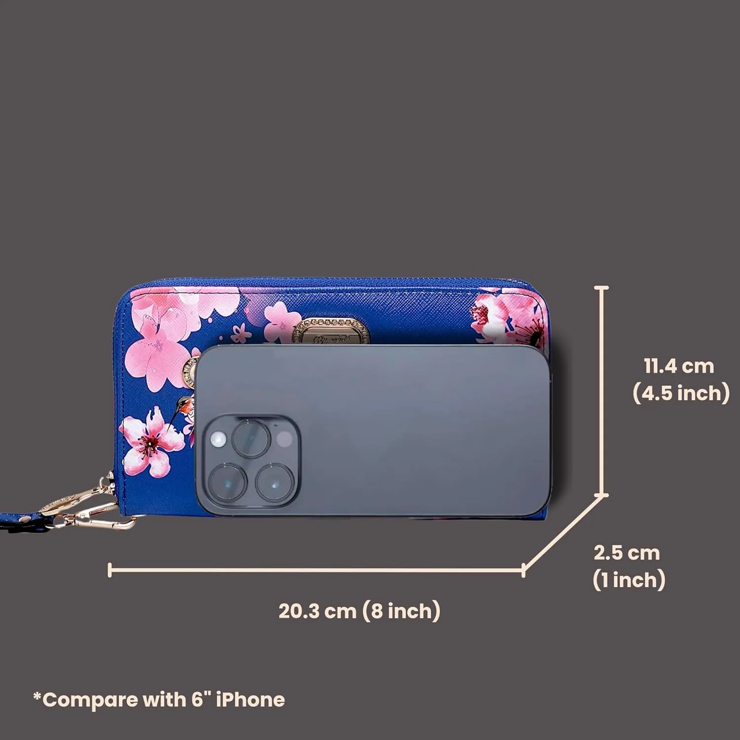 Royal Bloom Women's Zippered Wallet, Designer Wristlet with Floral Print and Crystal Embellishments (Pewter)