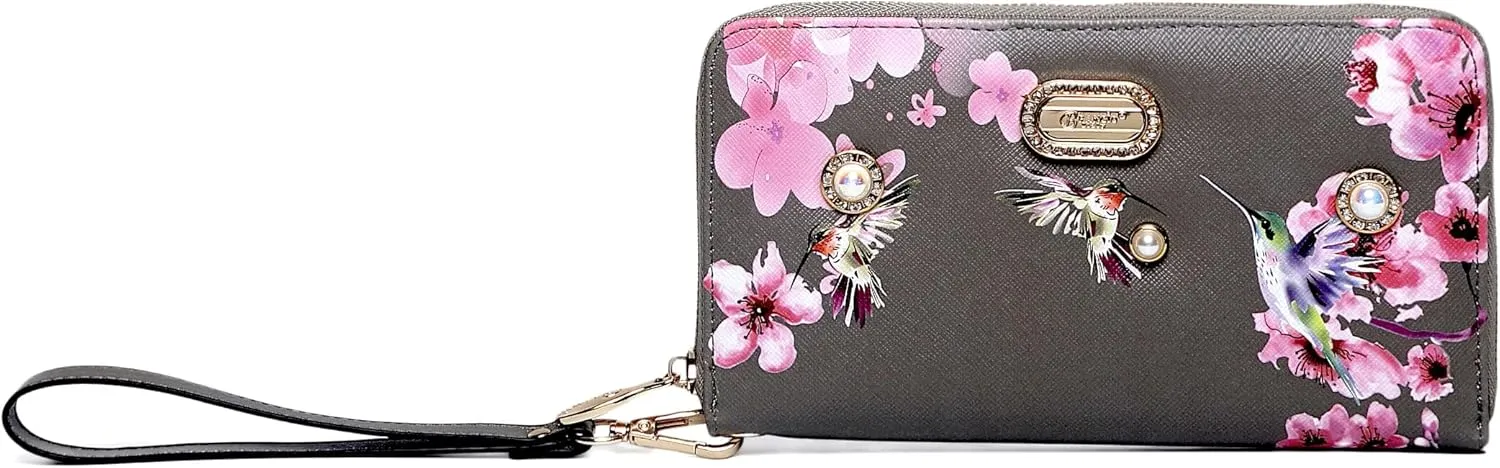 Royal Bloom Women's Zippered Wallet, Designer Wristlet with Floral Print and Crystal Embellishments (Pewter)