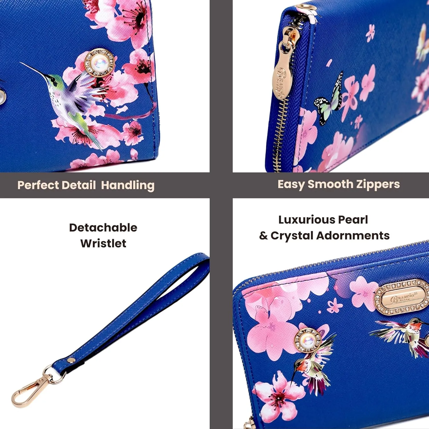 Royal Bloom Women's Zippered Wallet, Designer Wristlet with Floral Print and Crystal Embellishments (Pewter)