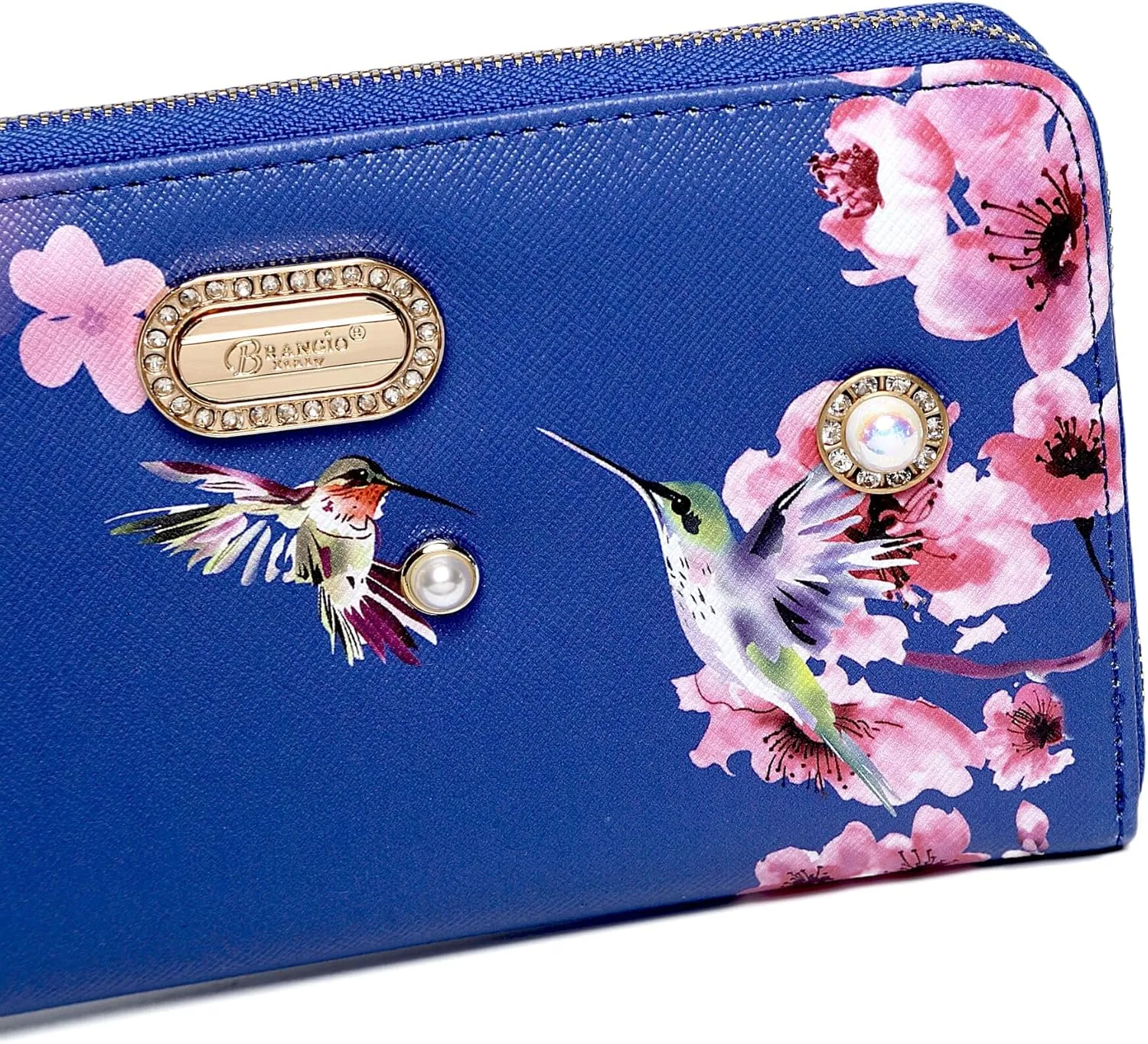Royal Bloom Women's Zippered Wallet, Designer Wristlet with Floral Print and Crystal Embellishments (Pewter)
