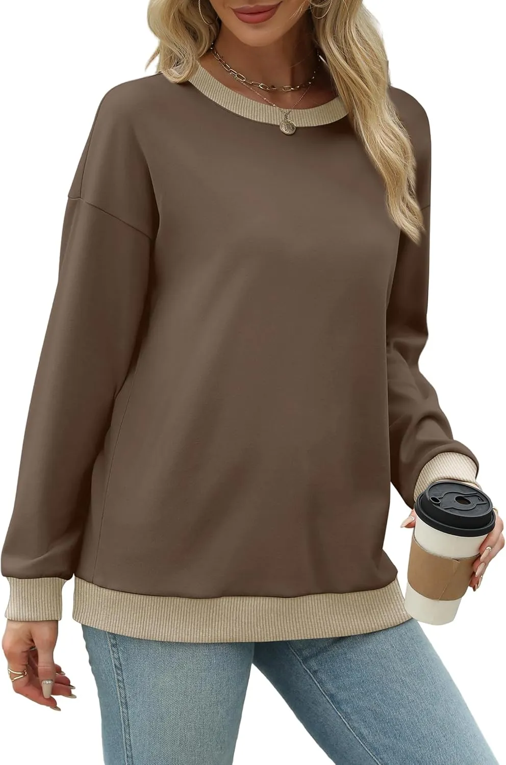 Saloogoe Sweatshirts for Women Crewneck Long Sleeve Loose Fit Tops Color Block Ribbed Trim Fashion 2024