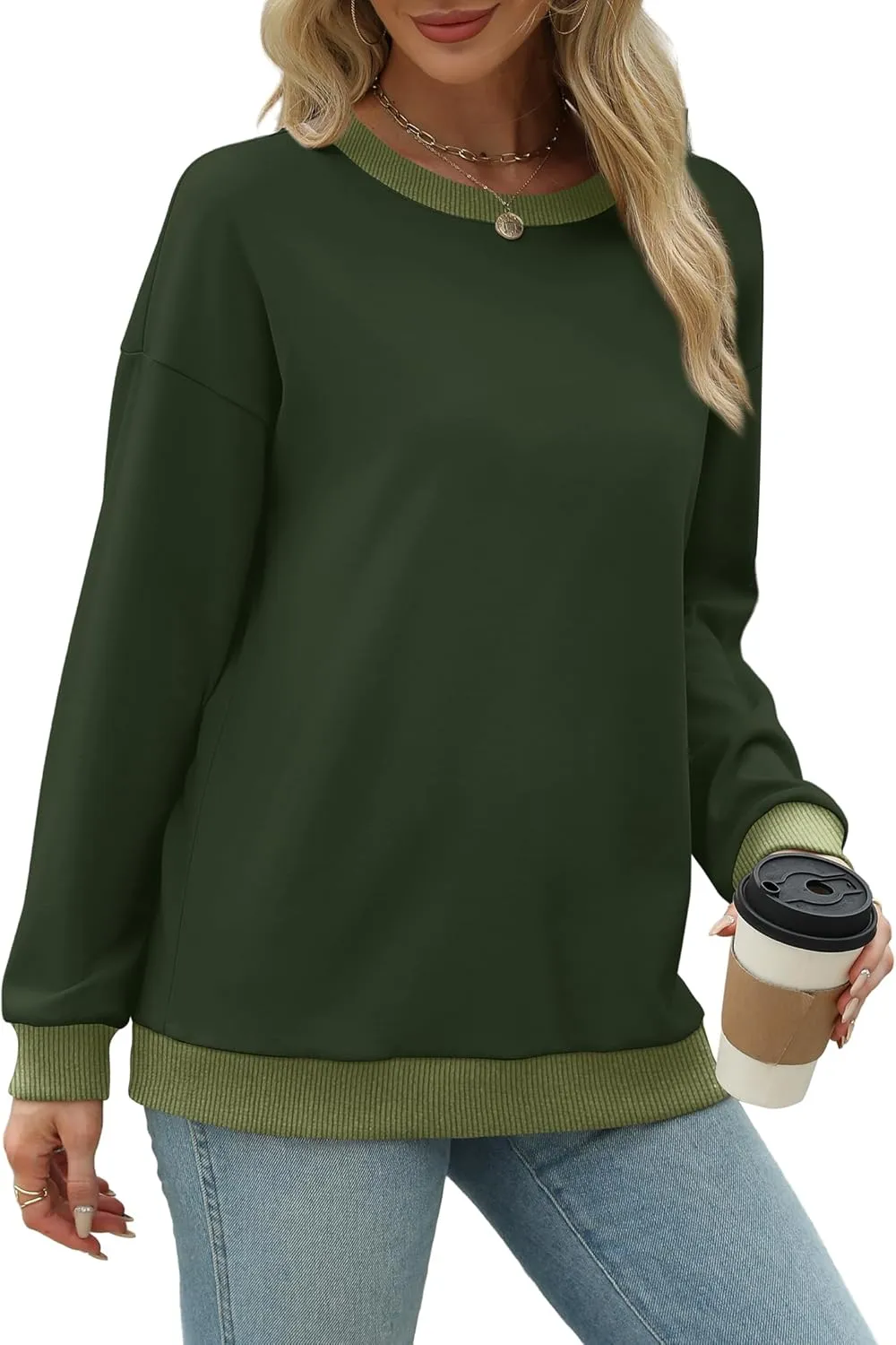 Saloogoe Sweatshirts for Women Crewneck Long Sleeve Loose Fit Tops Color Block Ribbed Trim Fashion 2024