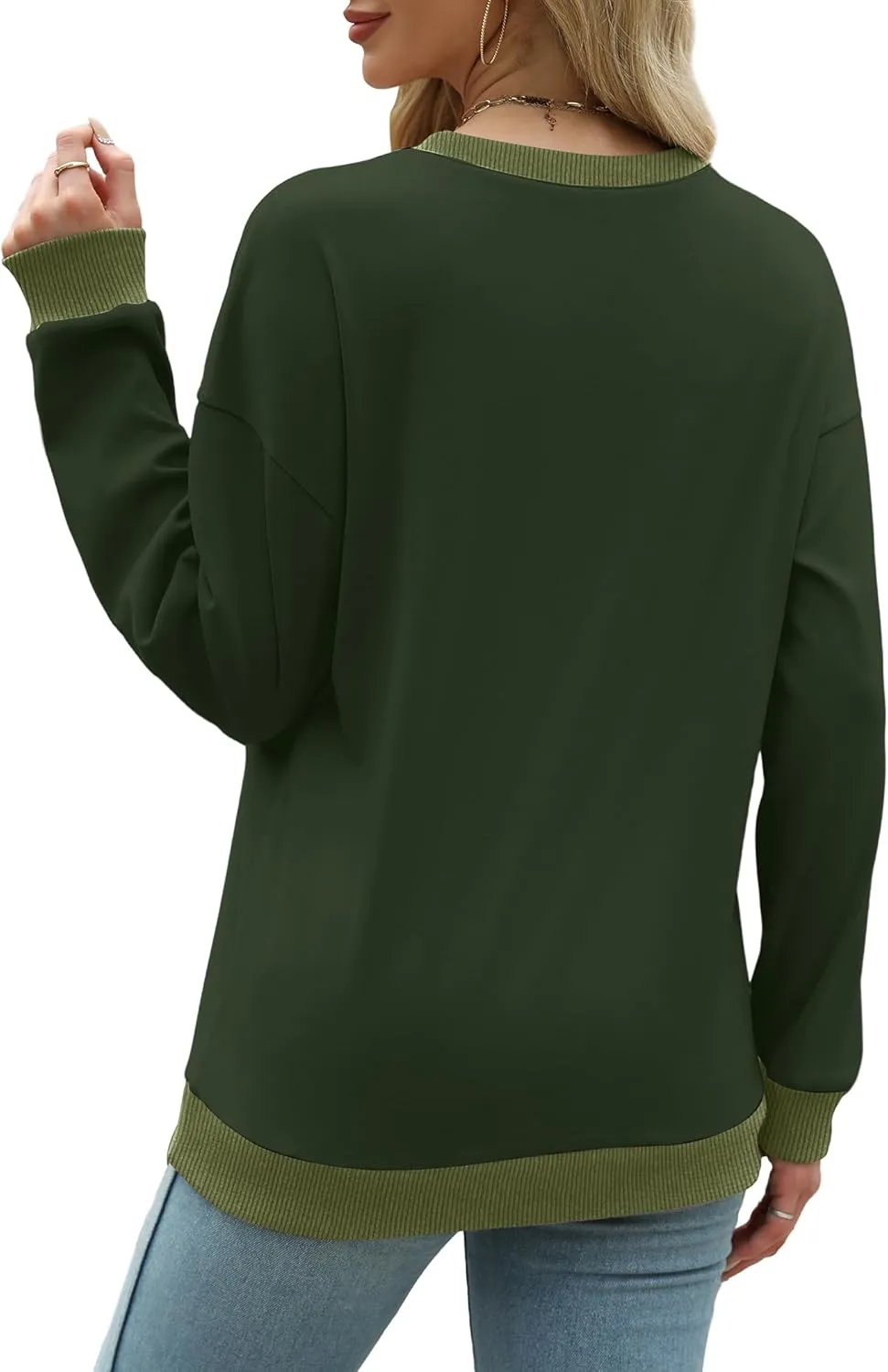 Saloogoe Sweatshirts for Women Crewneck Long Sleeve Loose Fit Tops Color Block Ribbed Trim Fashion 2024