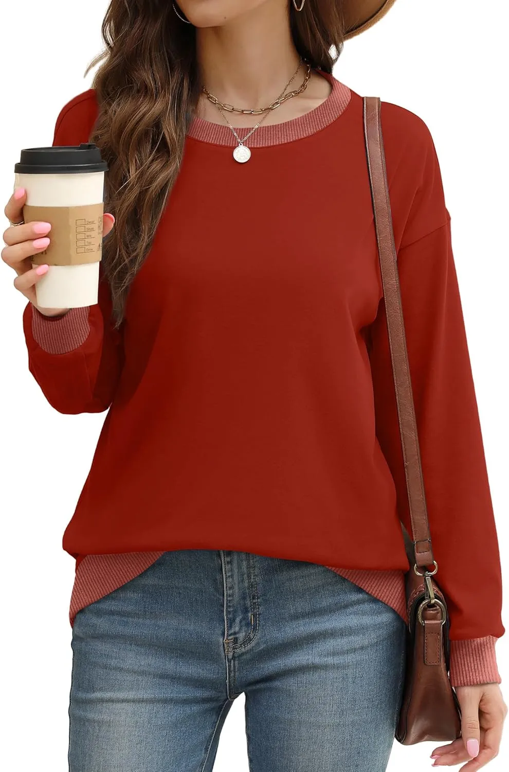 Saloogoe Sweatshirts for Women Crewneck Long Sleeve Loose Fit Tops Color Block Ribbed Trim Fashion 2024