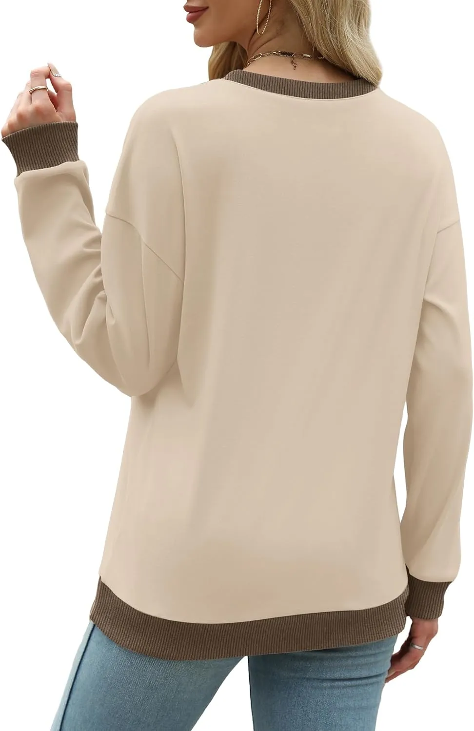 Saloogoe Sweatshirts for Women Crewneck Long Sleeve Loose Fit Tops Color Block Ribbed Trim Fashion 2024