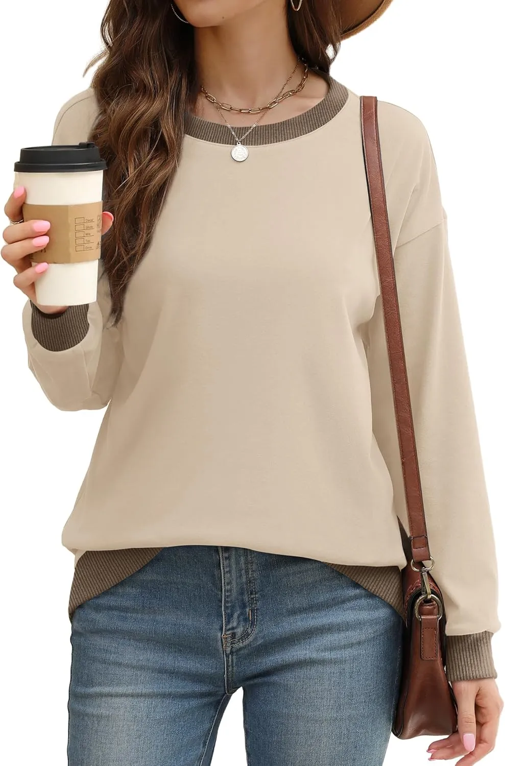 Saloogoe Sweatshirts for Women Crewneck Long Sleeve Loose Fit Tops Color Block Ribbed Trim Fashion 2024