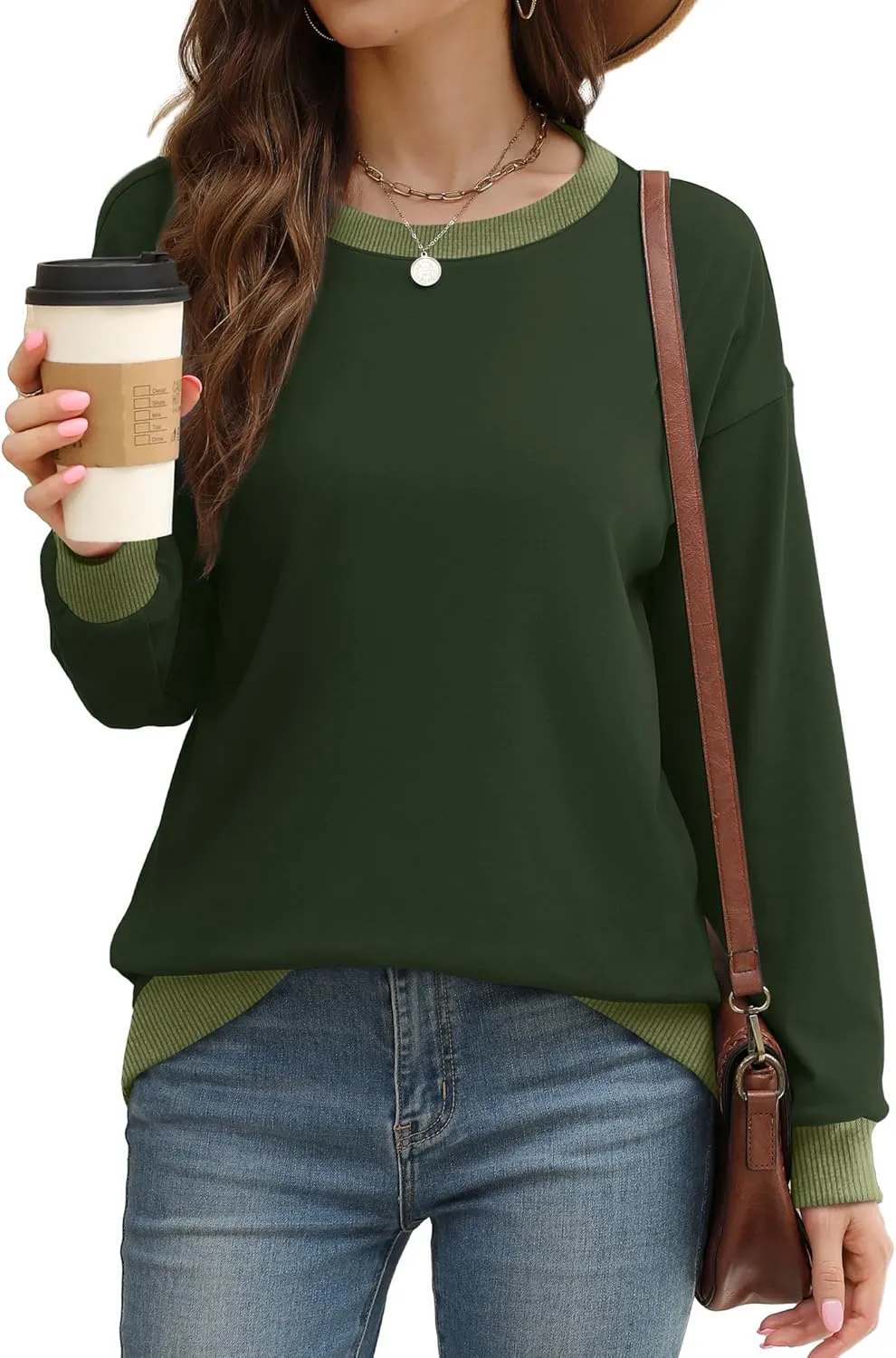 Saloogoe Sweatshirts for Women Crewneck Long Sleeve Loose Fit Tops Color Block Ribbed Trim Fashion 2024