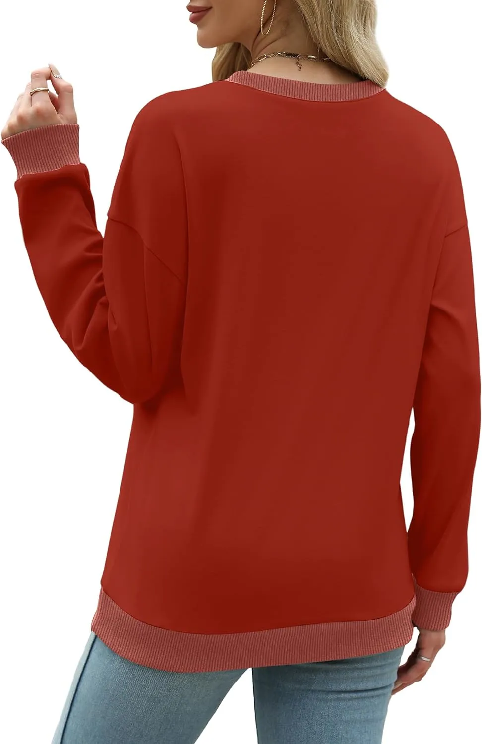 Saloogoe Sweatshirts for Women Crewneck Long Sleeve Loose Fit Tops Color Block Ribbed Trim Fashion 2024