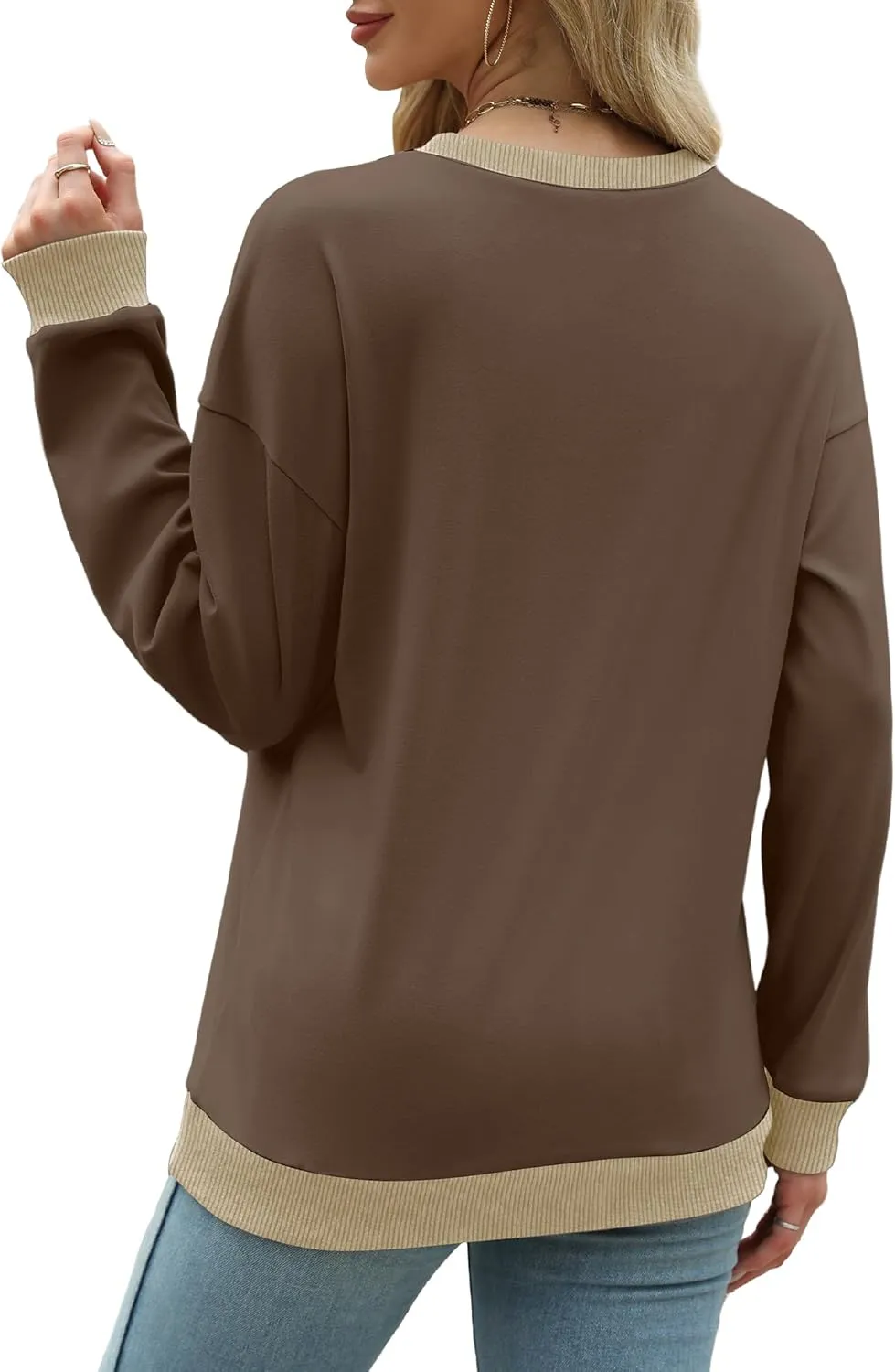 Saloogoe Sweatshirts for Women Crewneck Long Sleeve Loose Fit Tops Color Block Ribbed Trim Fashion 2024