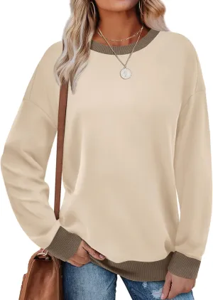 Saloogoe Sweatshirts for Women Crewneck Long Sleeve Loose Fit Tops Color Block Ribbed Trim Fashion 2024