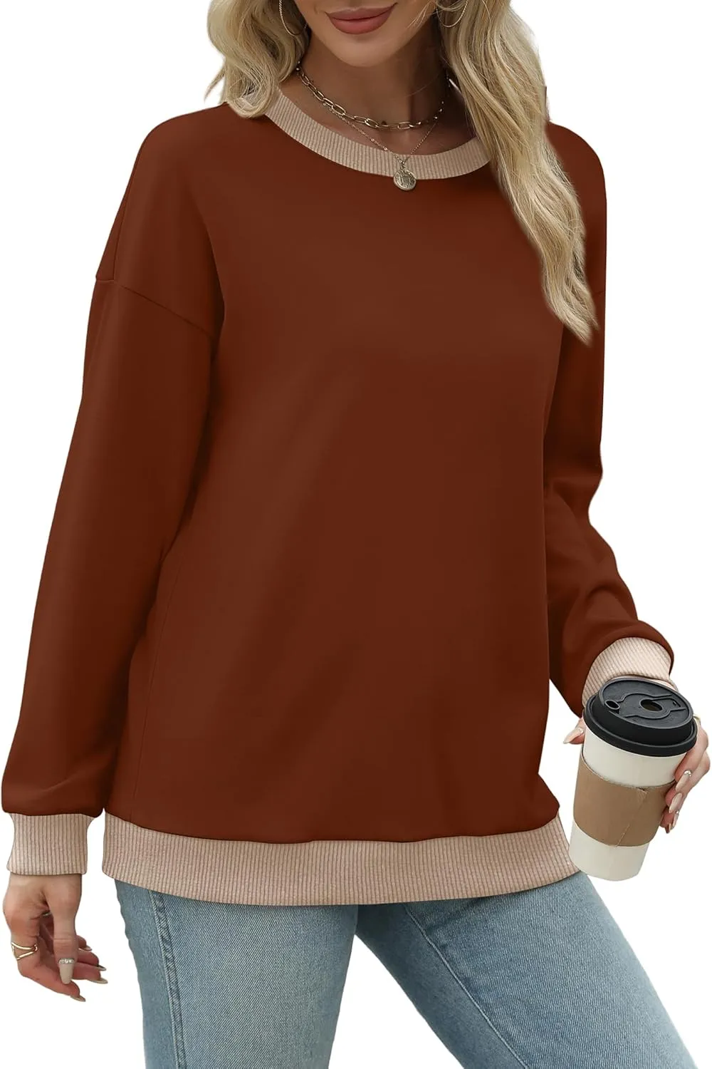 Saloogoe Sweatshirts for Women Crewneck Long Sleeve Loose Fit Tops Color Block Ribbed Trim Fashion 2024
