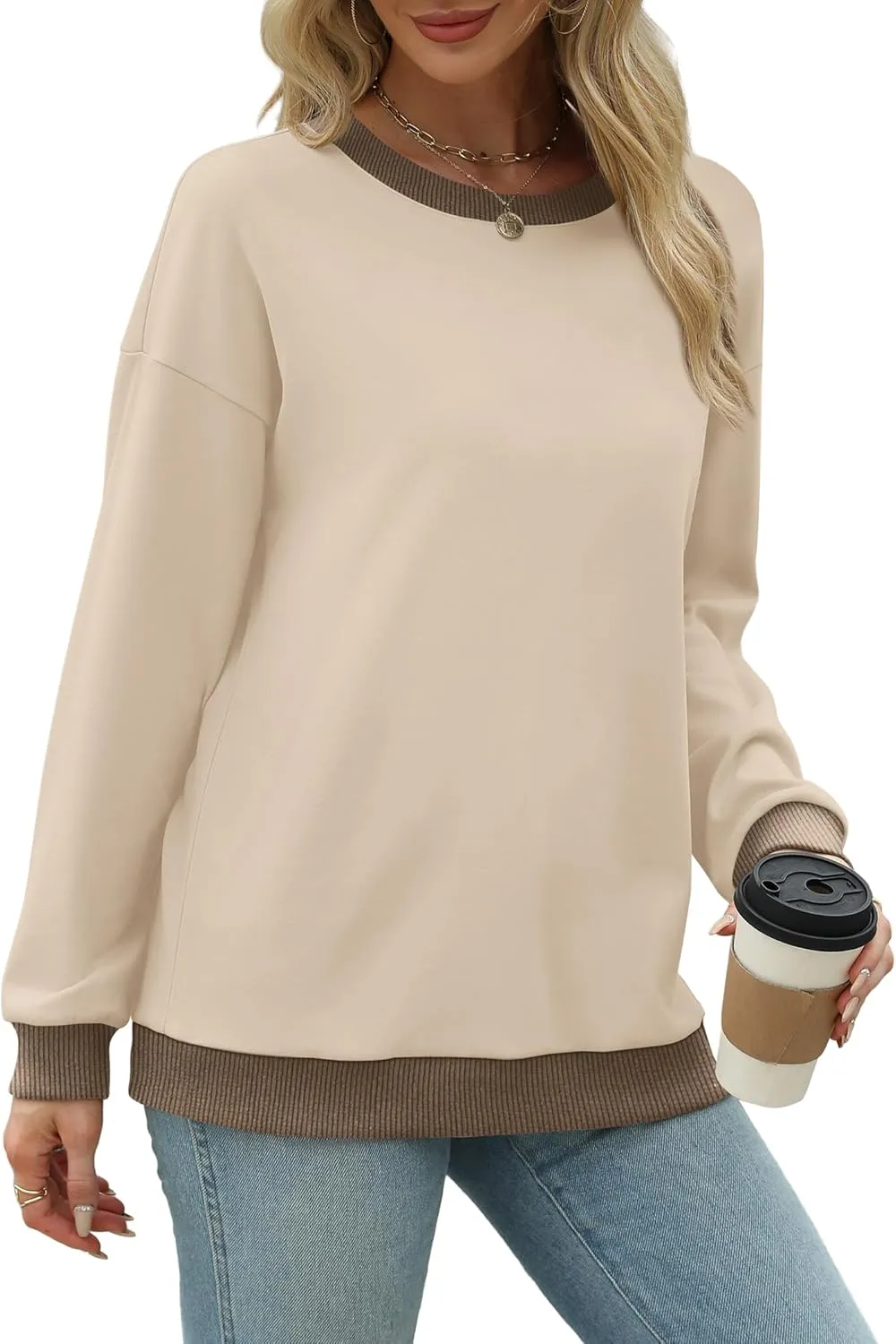 Saloogoe Sweatshirts for Women Crewneck Long Sleeve Loose Fit Tops Color Block Ribbed Trim Fashion 2024
