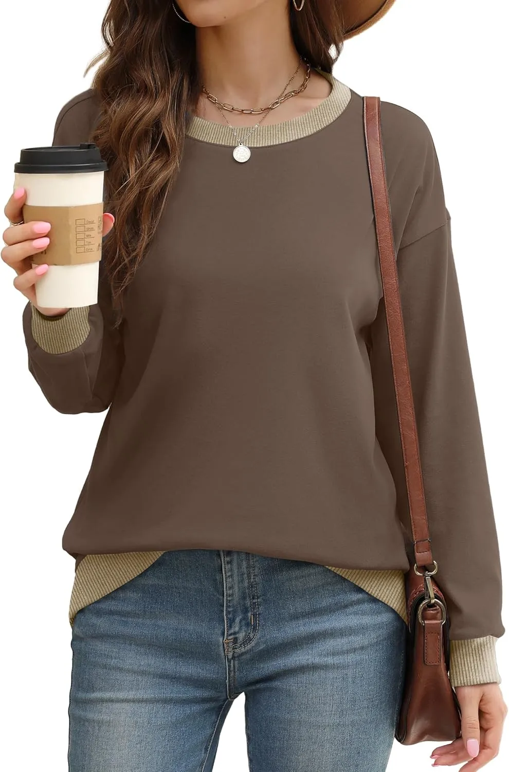 Saloogoe Sweatshirts for Women Crewneck Long Sleeve Loose Fit Tops Color Block Ribbed Trim Fashion 2024