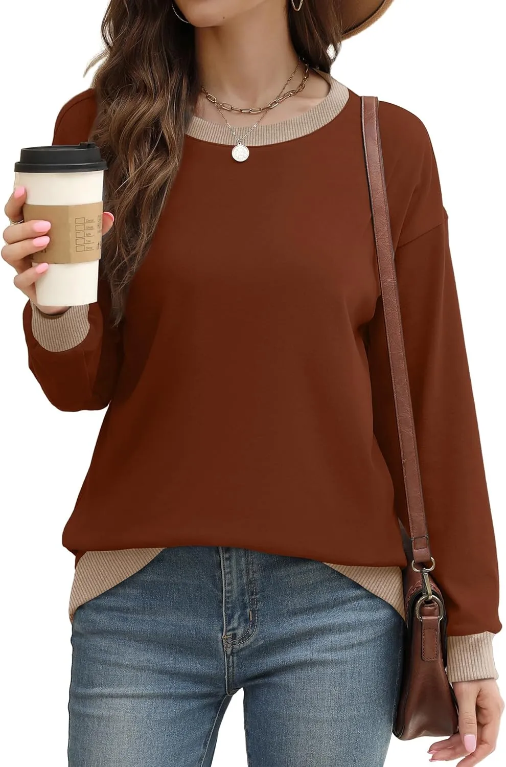 Saloogoe Sweatshirts for Women Crewneck Long Sleeve Loose Fit Tops Color Block Ribbed Trim Fashion 2024