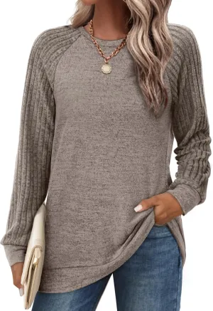 Saloogoe Tunic Sweatshirts for Women Crewneck Lightweight Sweaters Raglan Long Sleeve Shirts Fall Fashion Tops 2024