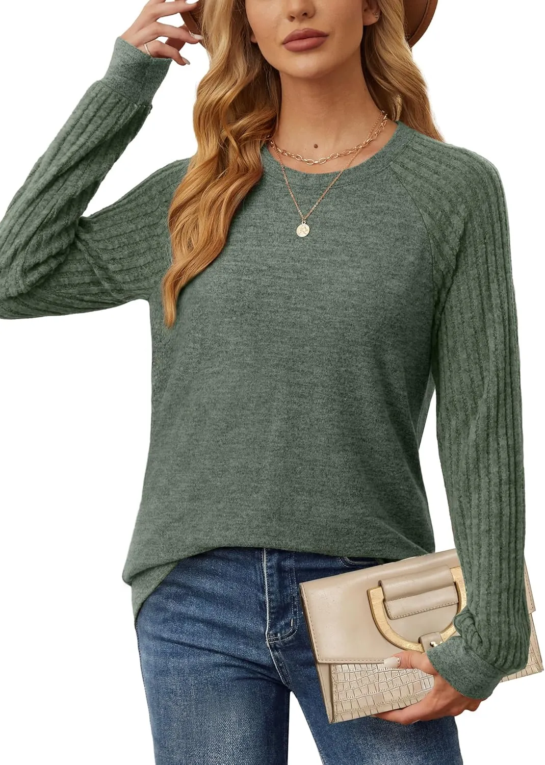 Saloogoe Tunic Sweatshirts for Women Crewneck Lightweight Sweaters Raglan Long Sleeve Shirts Fall Fashion Tops 2024