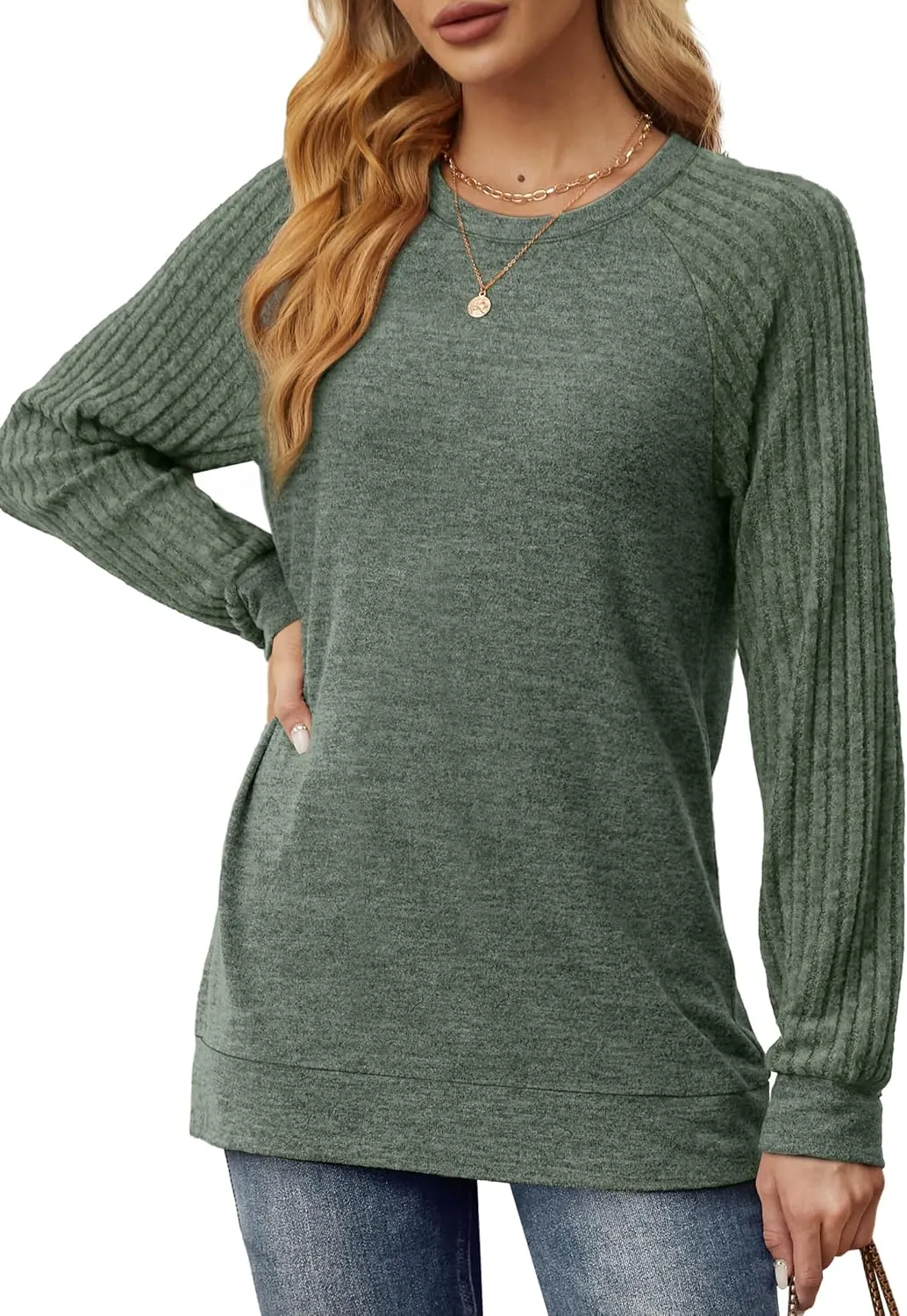 Saloogoe Tunic Sweatshirts for Women Crewneck Lightweight Sweaters Raglan Long Sleeve Shirts Fall Fashion Tops 2024