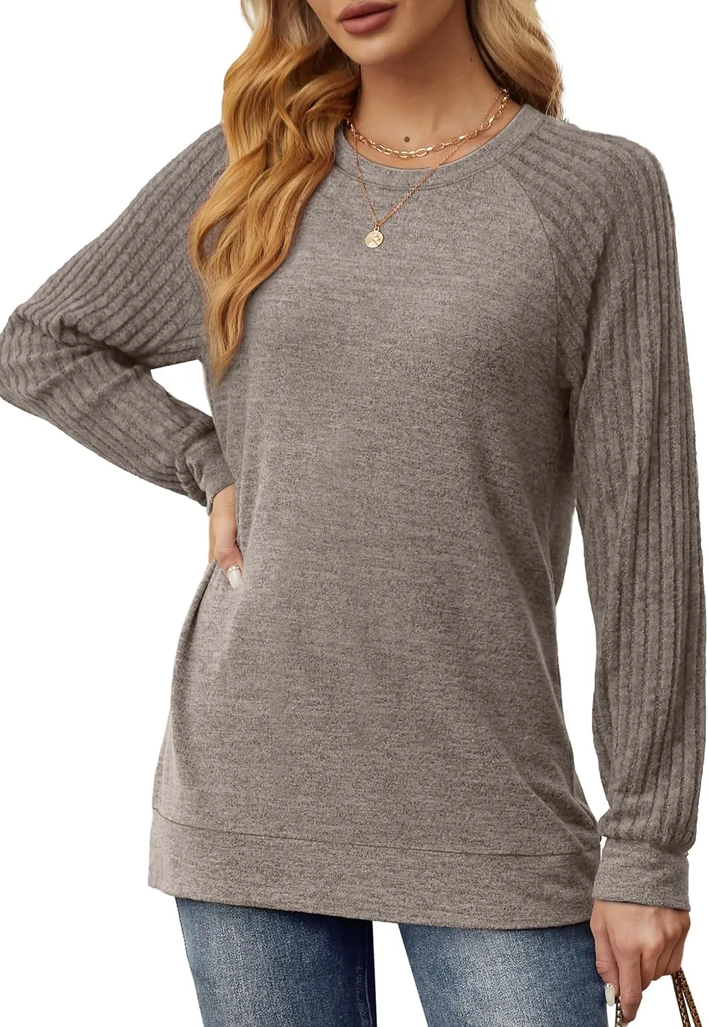 Saloogoe Tunic Sweatshirts for Women Crewneck Lightweight Sweaters Raglan Long Sleeve Shirts Fall Fashion Tops 2024