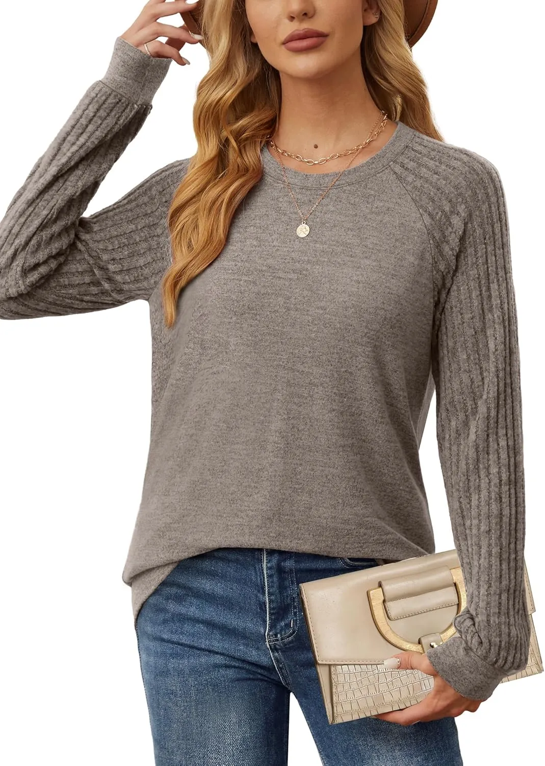 Saloogoe Tunic Sweatshirts for Women Crewneck Lightweight Sweaters Raglan Long Sleeve Shirts Fall Fashion Tops 2024