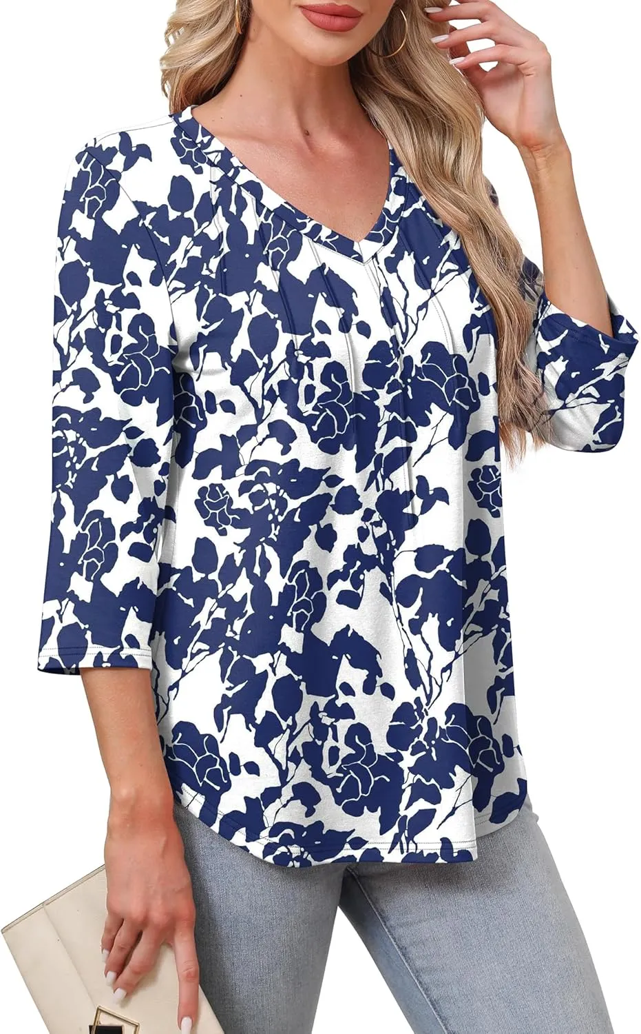 SAMPEEL 3/4 Length Sleeve Womens Tops Pleated V Neck Dressy Casual Blouses Summer Outfits Plus Size Spring Clothes