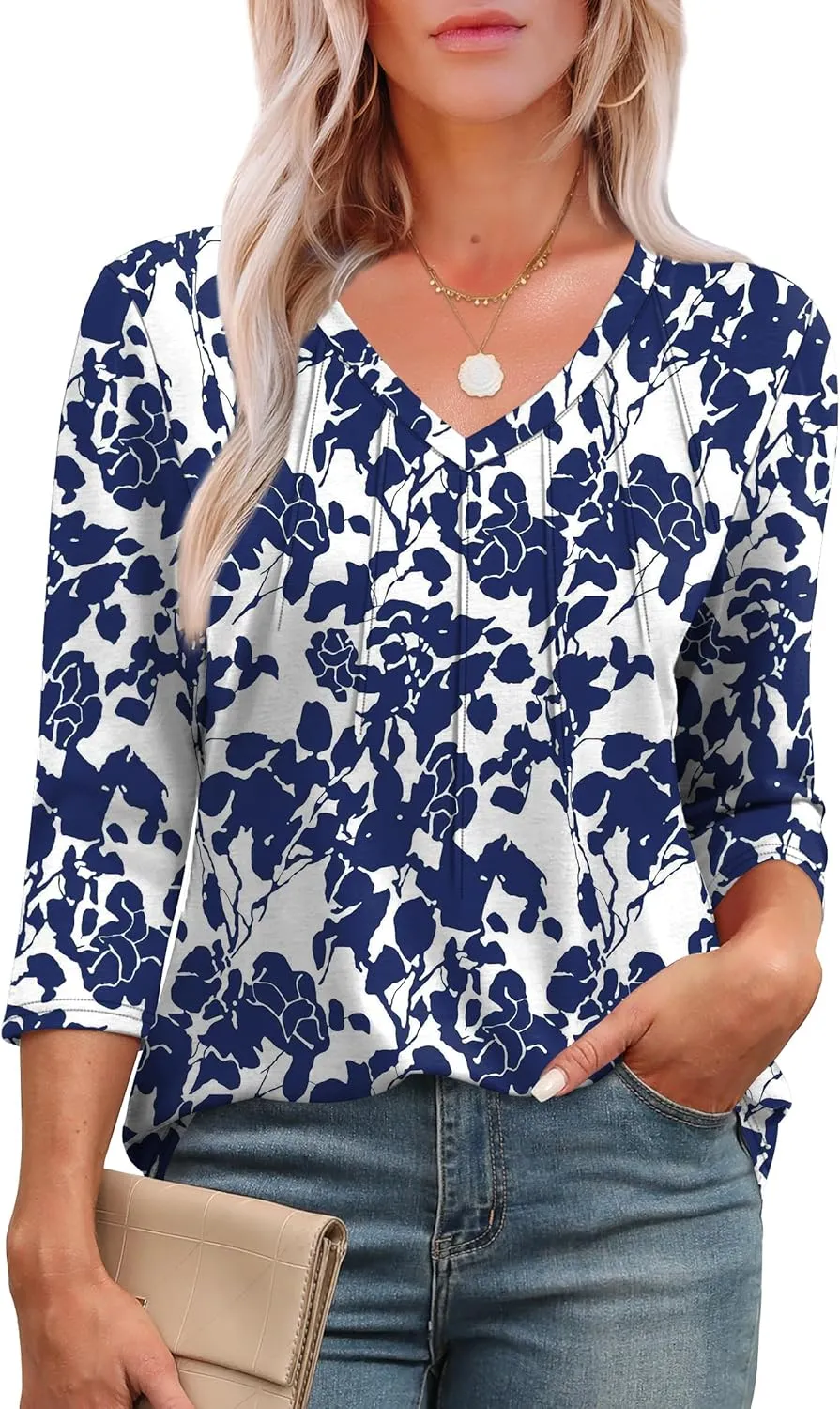 SAMPEEL 3/4 Length Sleeve Womens Tops Pleated V Neck Dressy Casual Blouses Summer Outfits Plus Size Spring Clothes