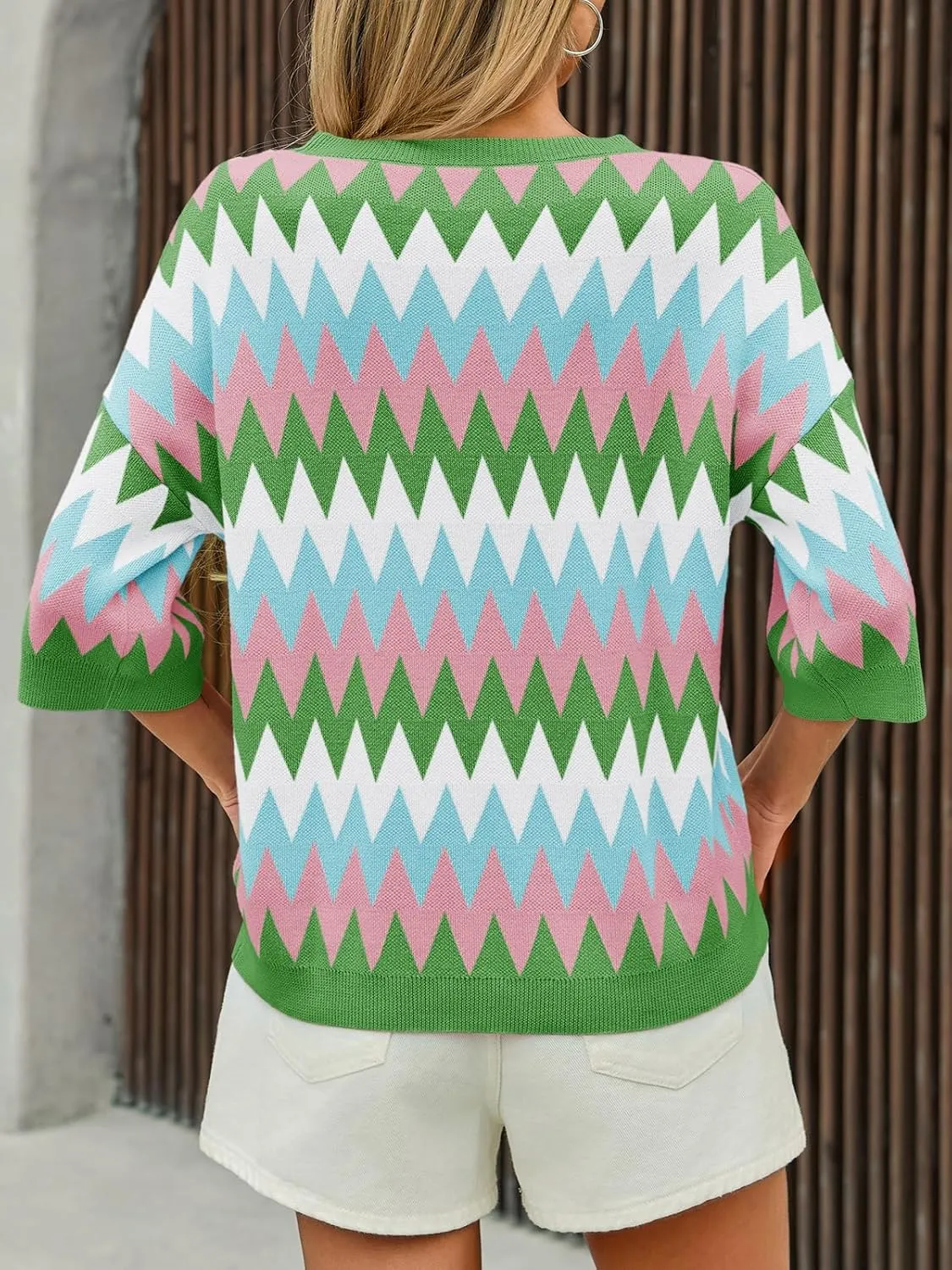 Saodimallsu Womens Color Block Striped Sweater Tops Summer Half Sleeve Crew Neck Loose Knit Pullover Sweaters