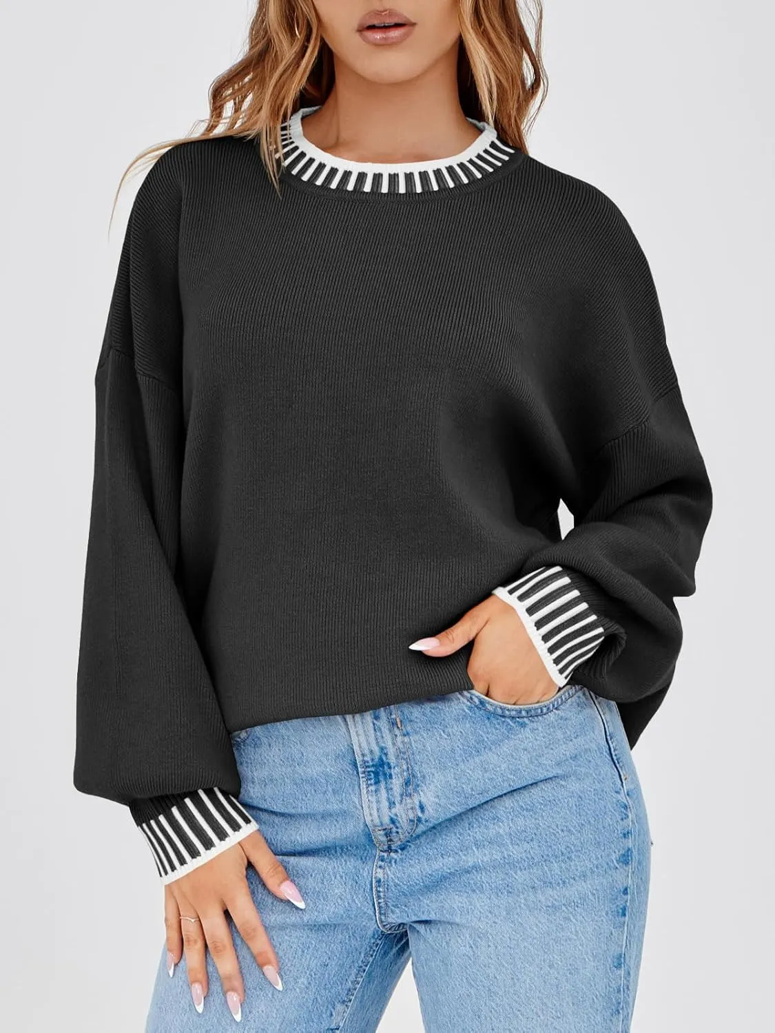 Saodimallsu Womens Oversized Sweaters Crewneck Color Block Winter Sweater Lantern Sleeve Side Slit Knit Pullover Tops