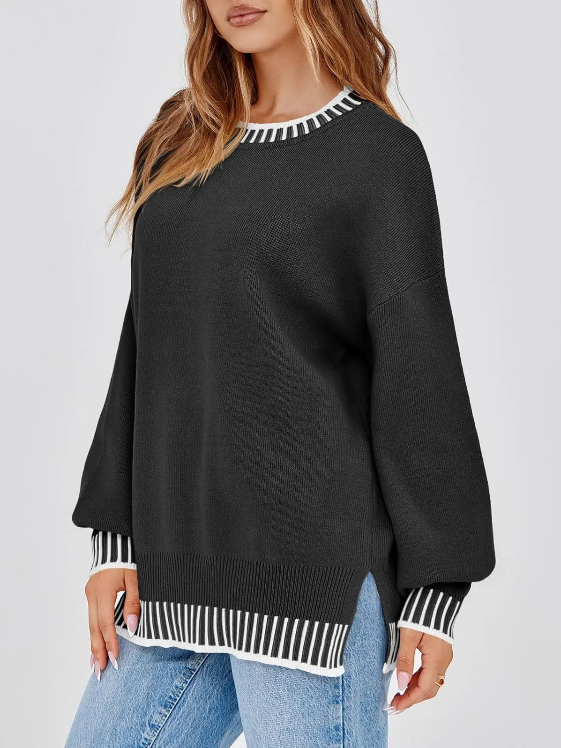 Saodimallsu Womens Oversized Sweaters Crewneck Color Block Winter Sweater Lantern Sleeve Side Slit Knit Pullover Tops