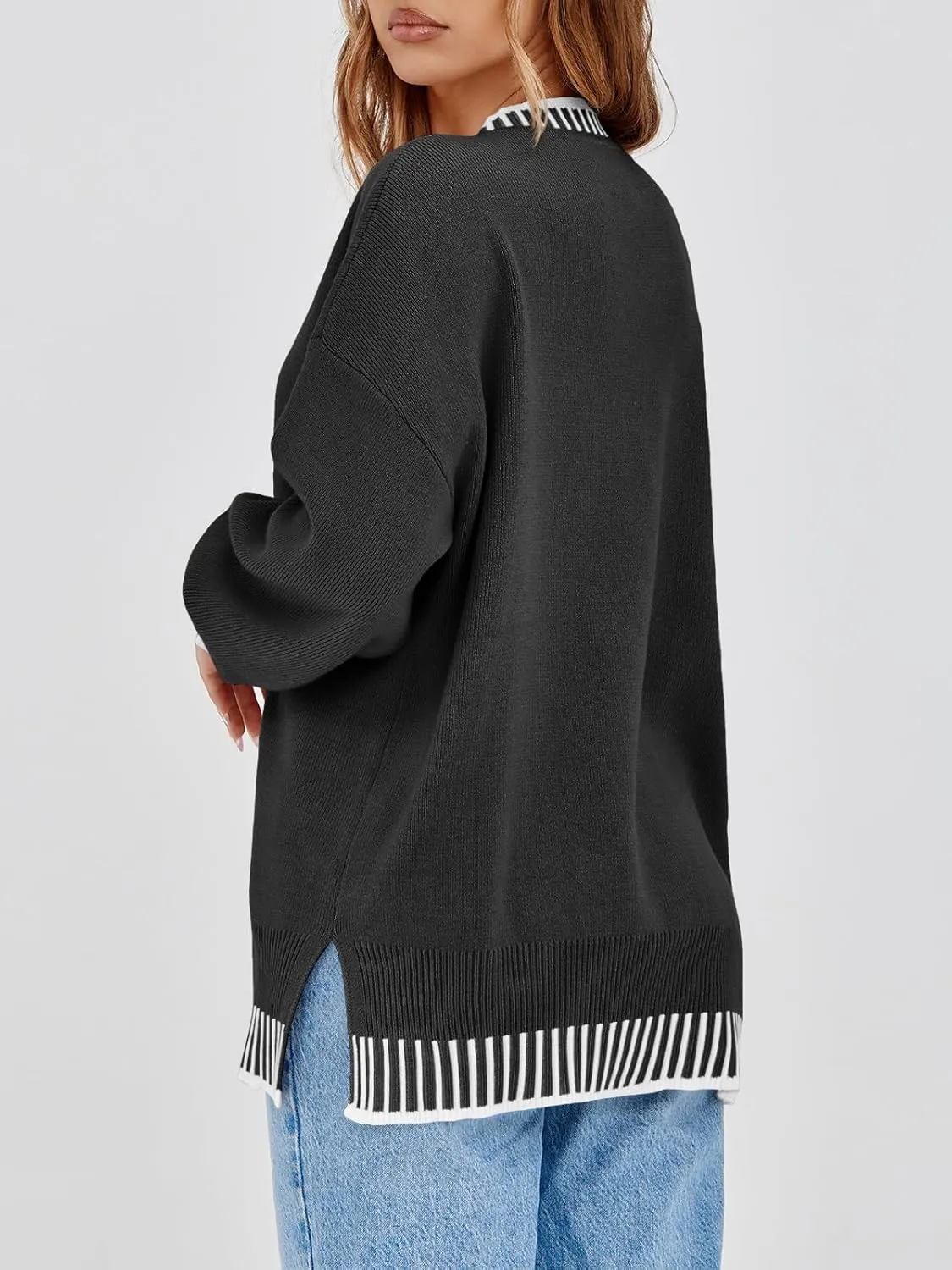 Saodimallsu Womens Oversized Sweaters Crewneck Color Block Winter Sweater Lantern Sleeve Side Slit Knit Pullover Tops