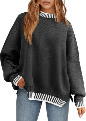 Saodimallsu Womens Oversized Sweaters Crewneck Color Block Winter Sweater Lantern Sleeve Side Slit Knit Pullover Tops