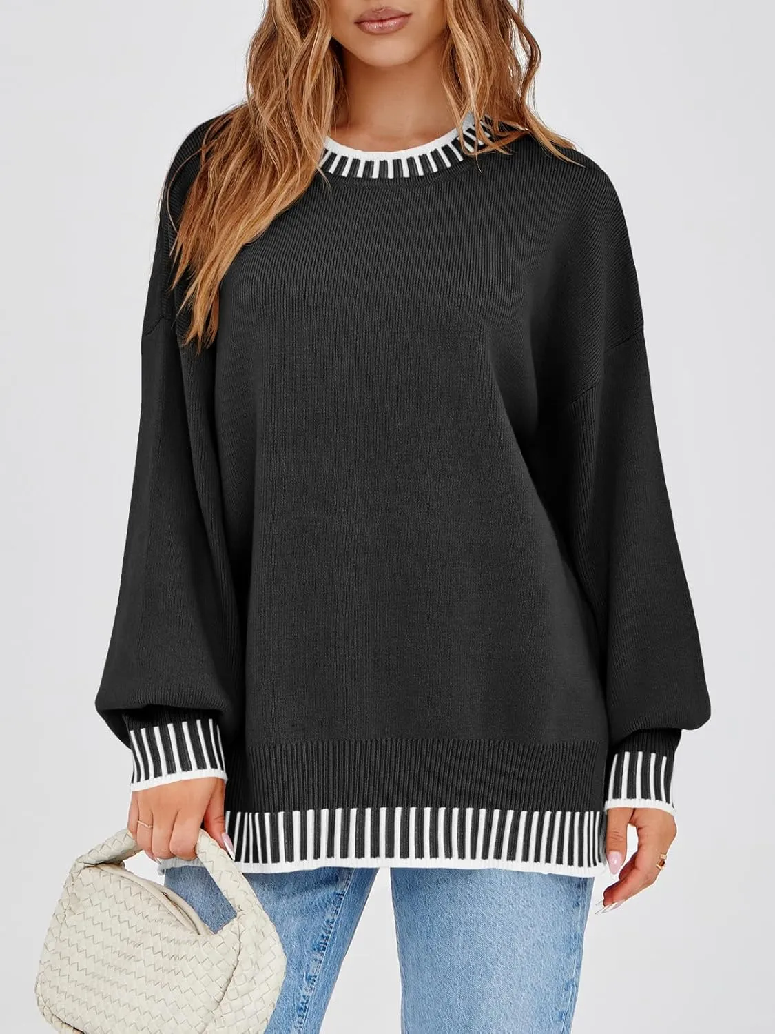 Saodimallsu Womens Oversized Sweaters Crewneck Color Block Winter Sweater Lantern Sleeve Side Slit Knit Pullover Tops