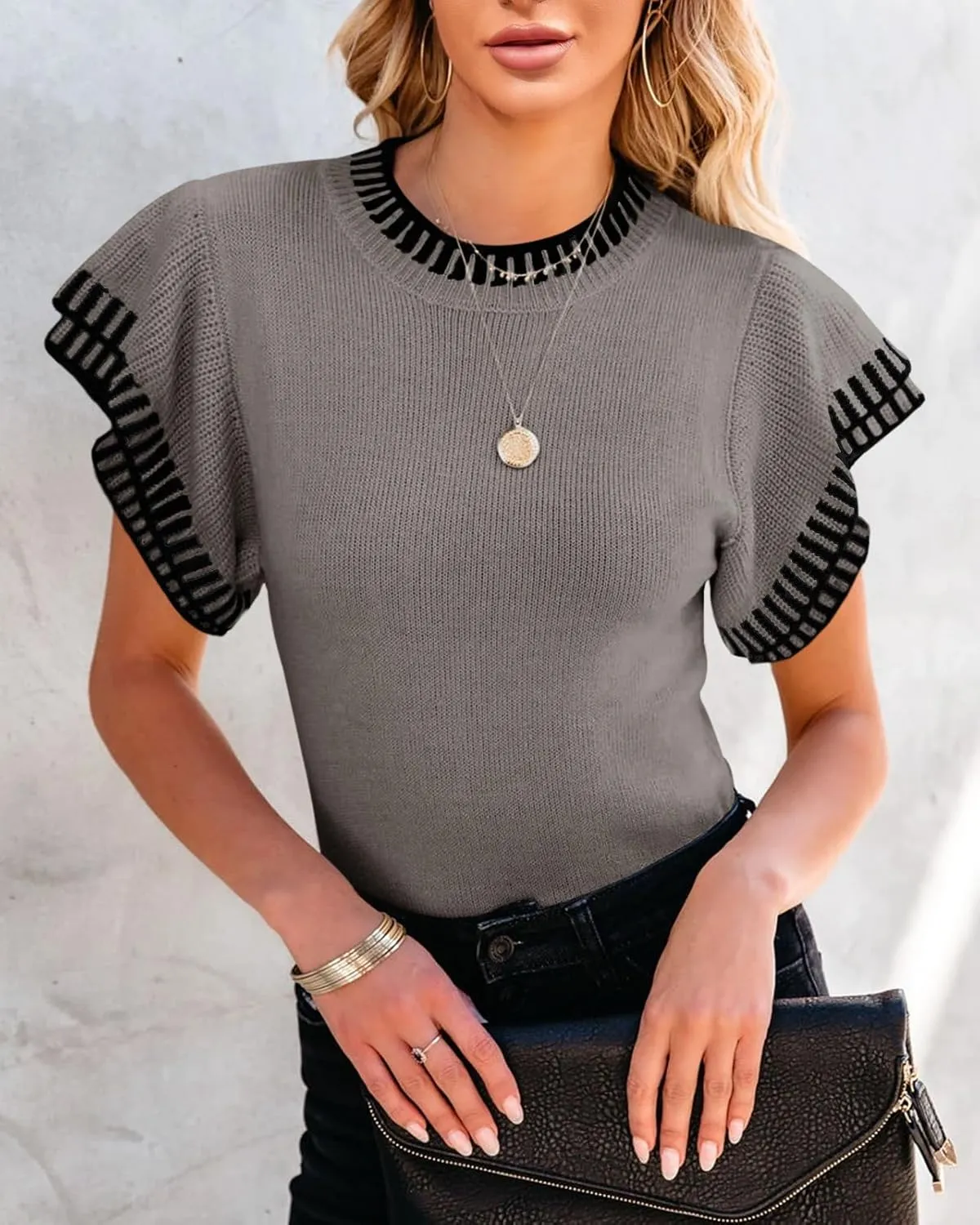 Saodimallsu Womens Short Sleeve Sweaters Tops Summer Ruffle Striped Loose Crew Neck Lightweight Soft Shirts Knit Sweater