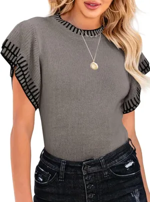 Saodimallsu Womens Short Sleeve Sweaters Tops Summer Ruffle Striped Loose Crew Neck Lightweight Soft Shirts Knit Sweater